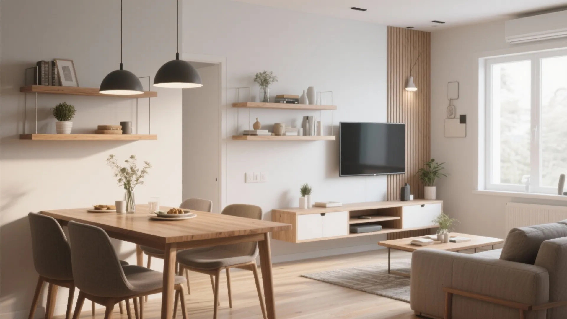 Wall-mounted shelves and TV keeping floor space open