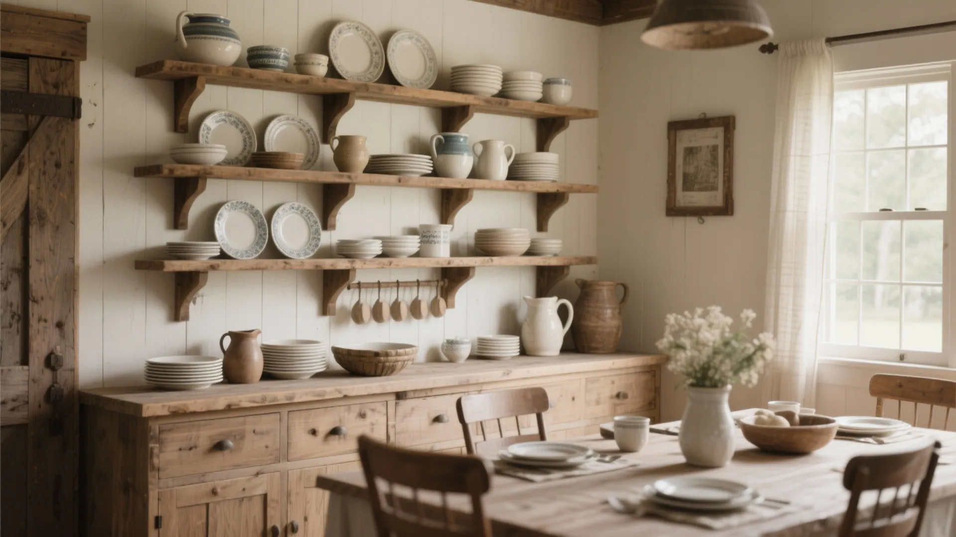 Open wall shelves in a farmhouse dining area with dinnerware