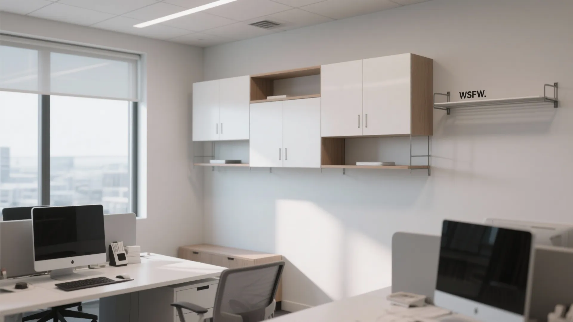 Small office with floating cabinets and racks