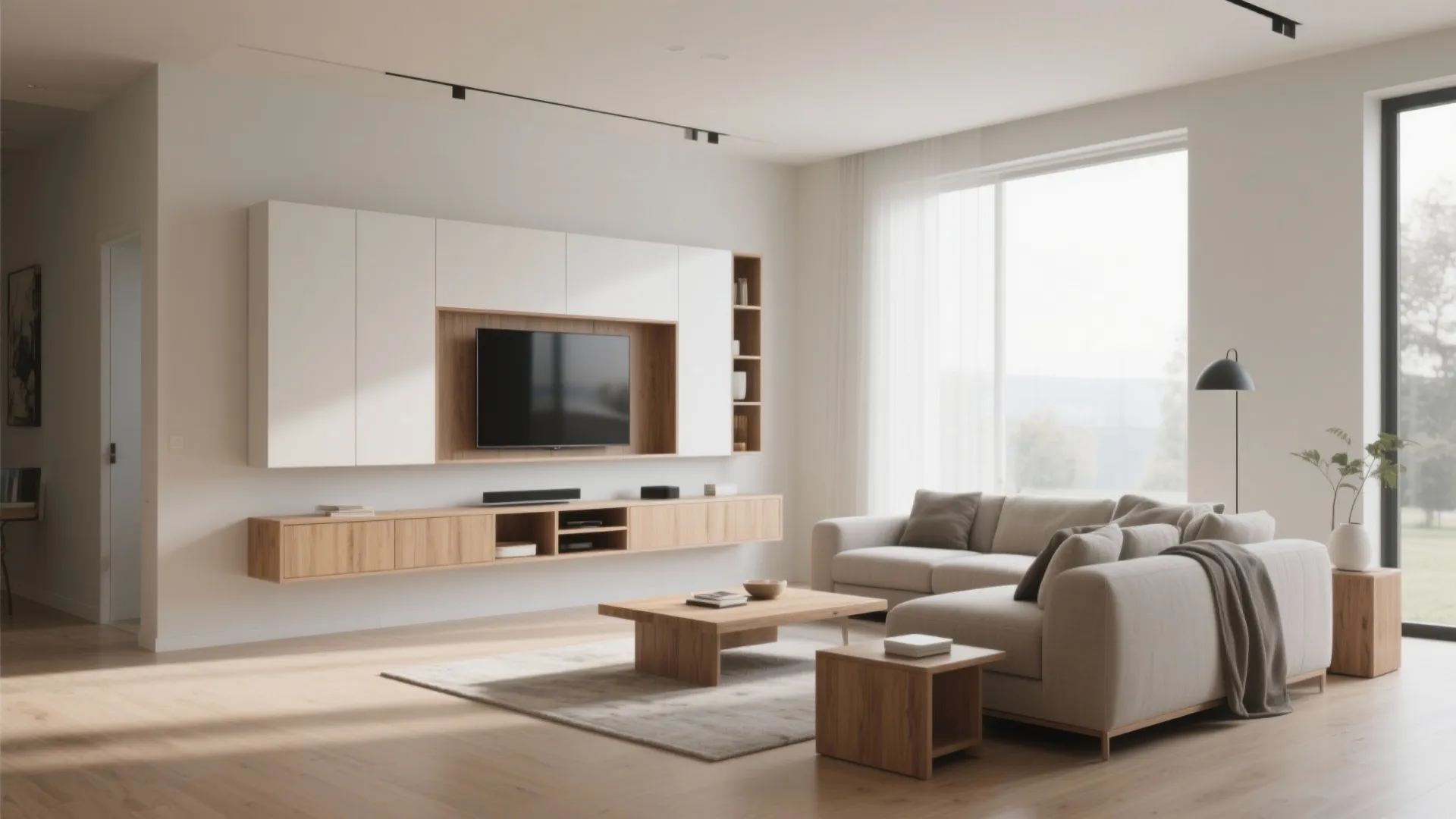 Minimalist living room featuring white wall cabinets wooden television unit light grey sofa and natural sunlight