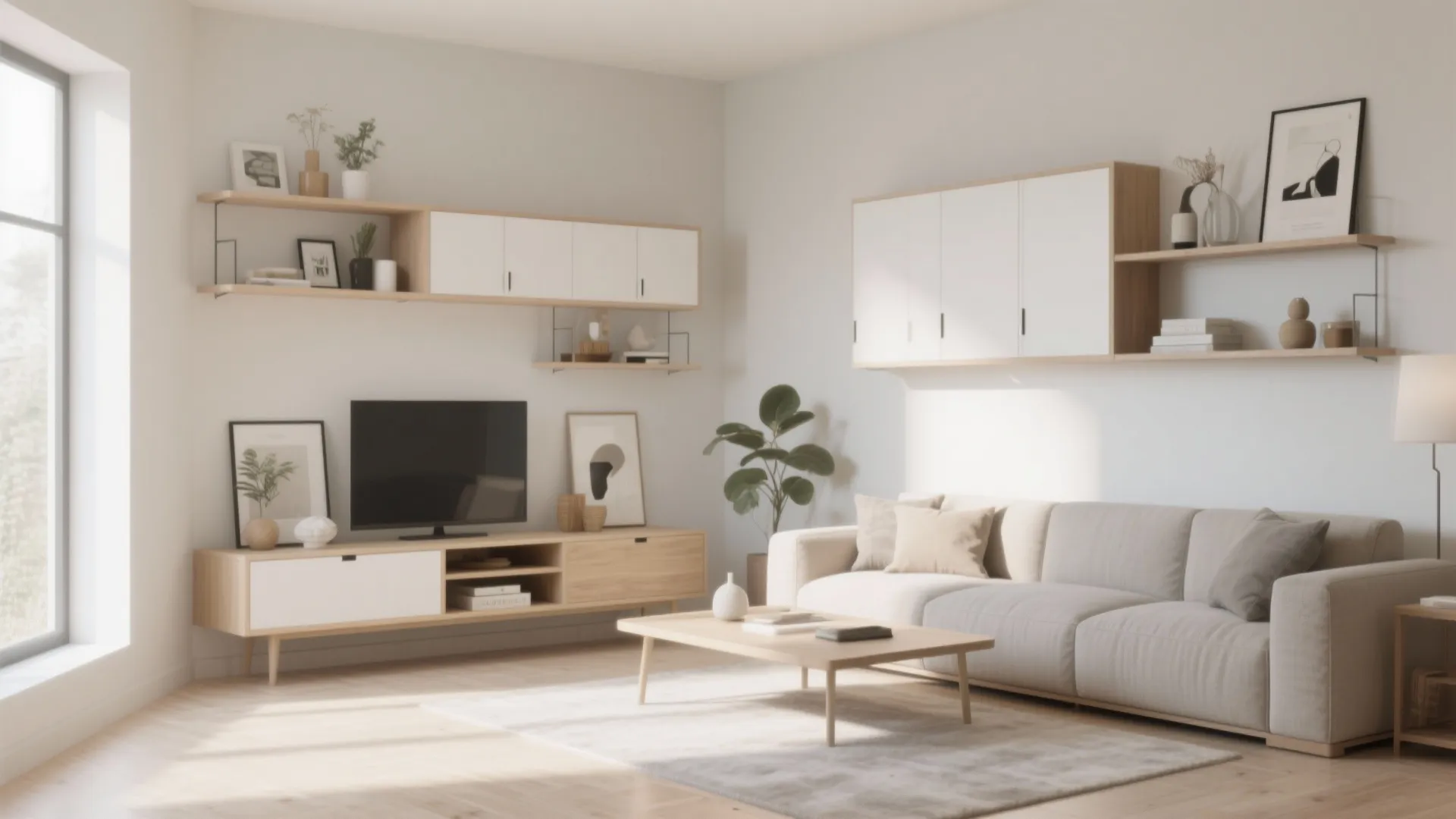 Minimalist living room showing white wall mounted storage cabinets above a wooden television stand unit