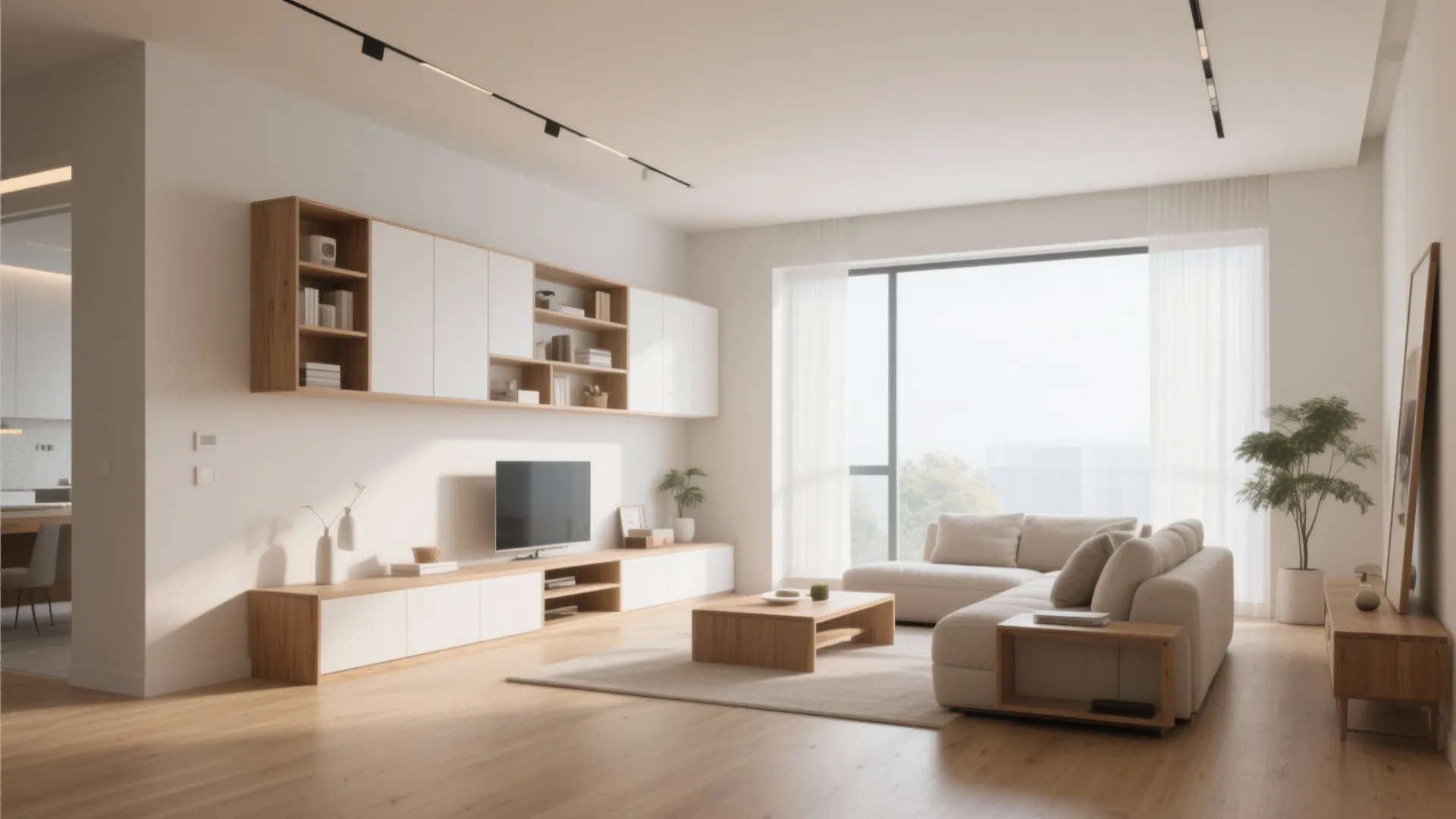 Modern living room with white wall mounted storage cabinets wooden floor beige sofa and natural light