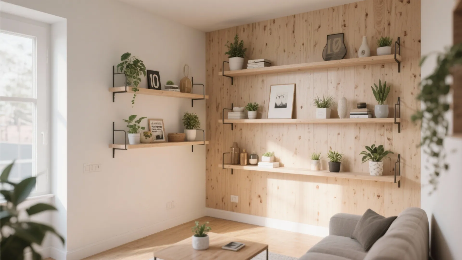 Floating wooden shelves with decor freeing up floor space