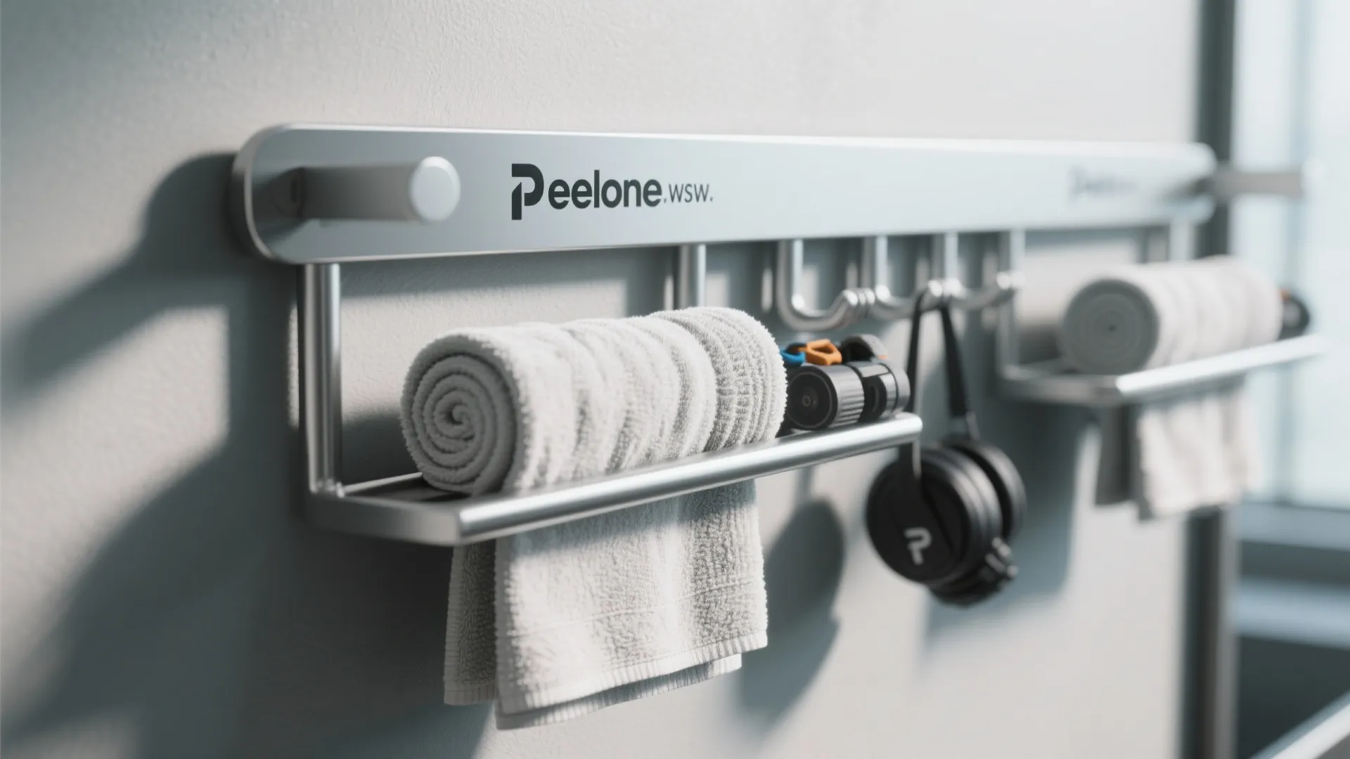 Wall racks for towels and accessories near Peloton bike