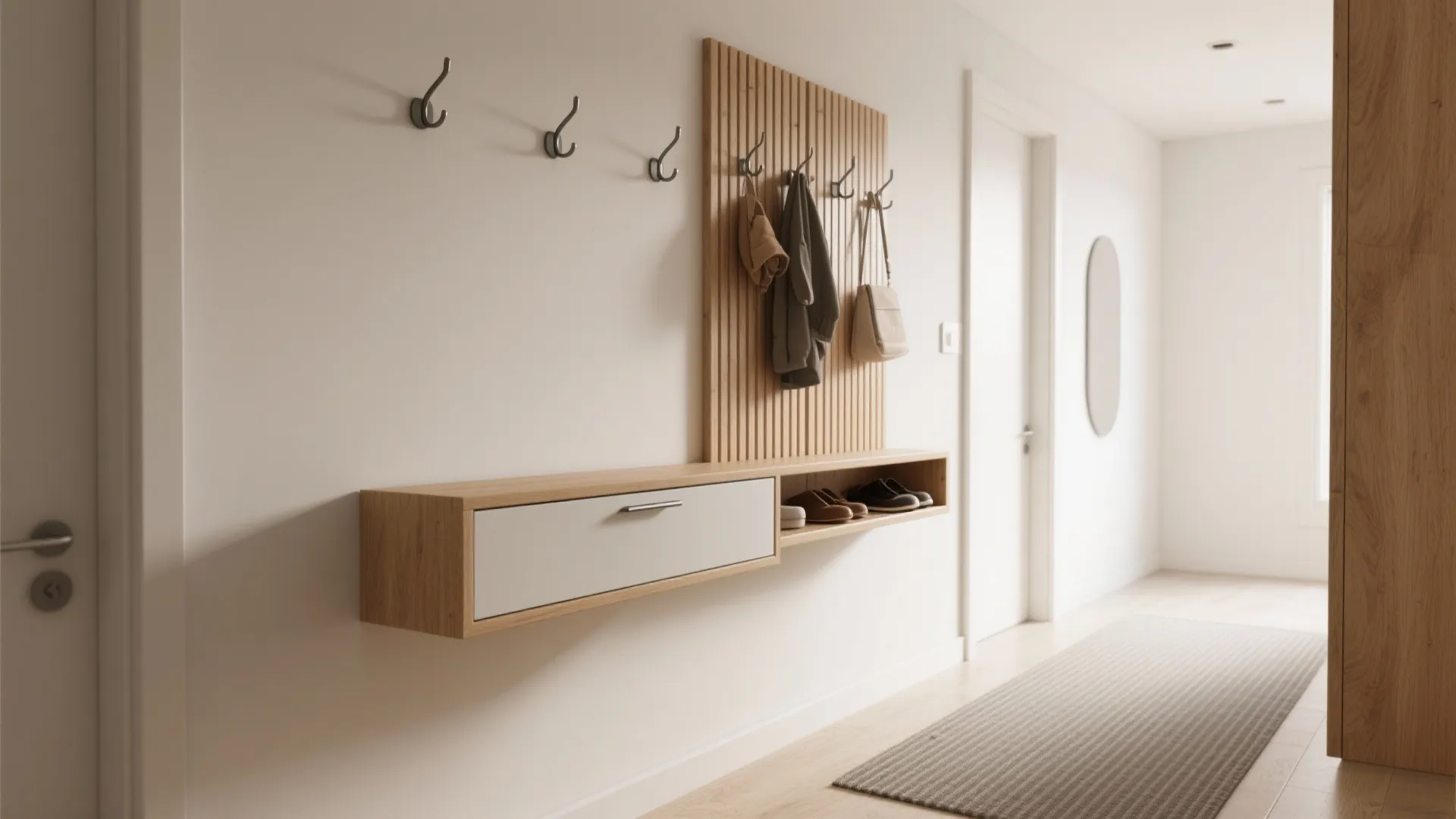 Modern hallway featuring wall mounted wood storage unit with hooks, jackets, and wooden wall panel