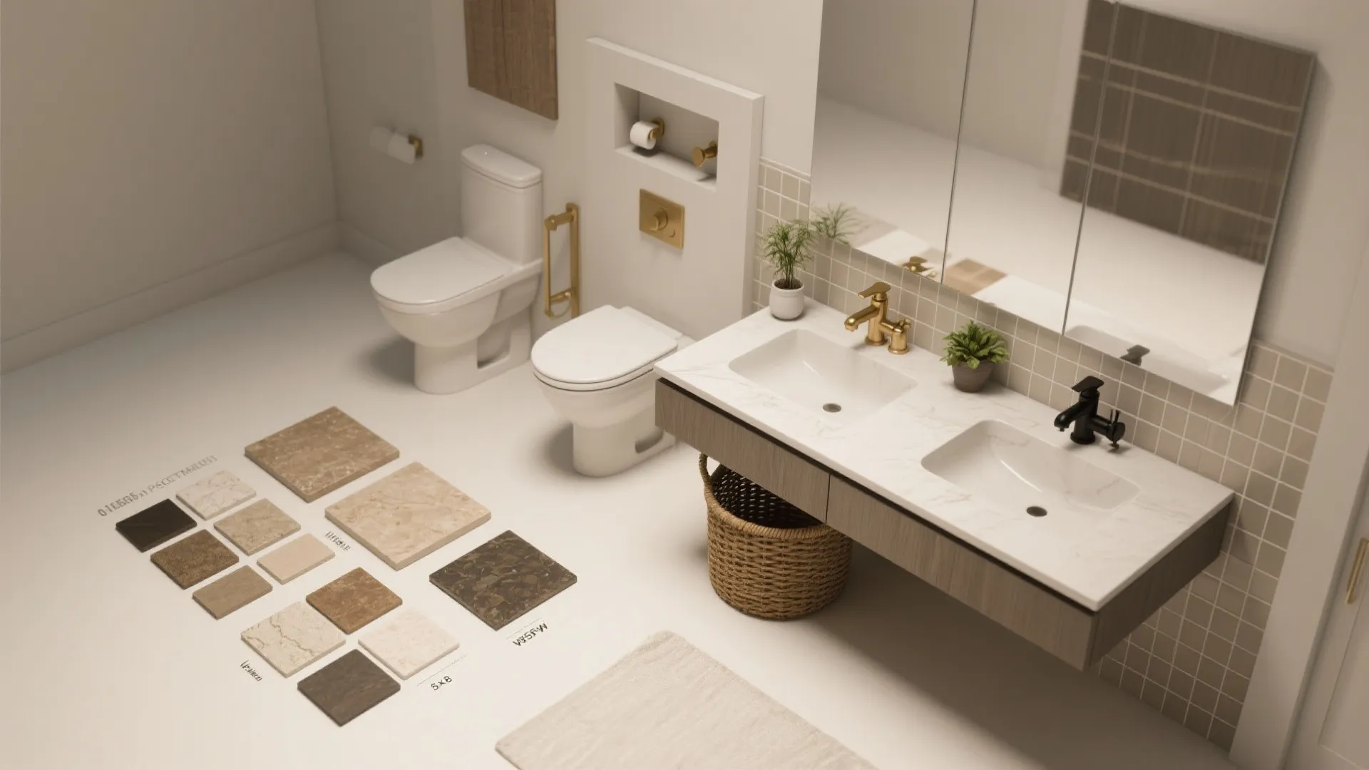 Top-down mood board of finishes and storage ideas for a 5x8 bathroom with wall-mounted fixtures.