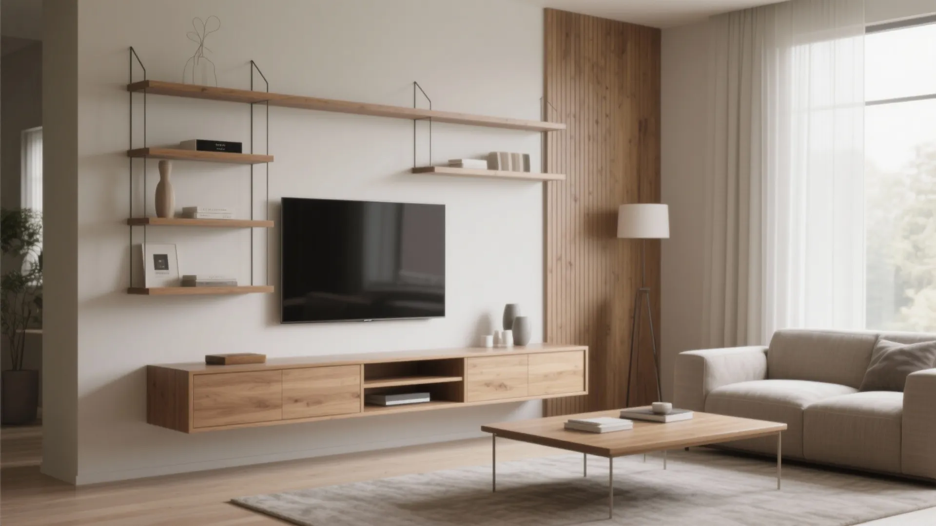 Living room with television wooden wall cabinet hanging shelves floor lamp and a comfortable sofa