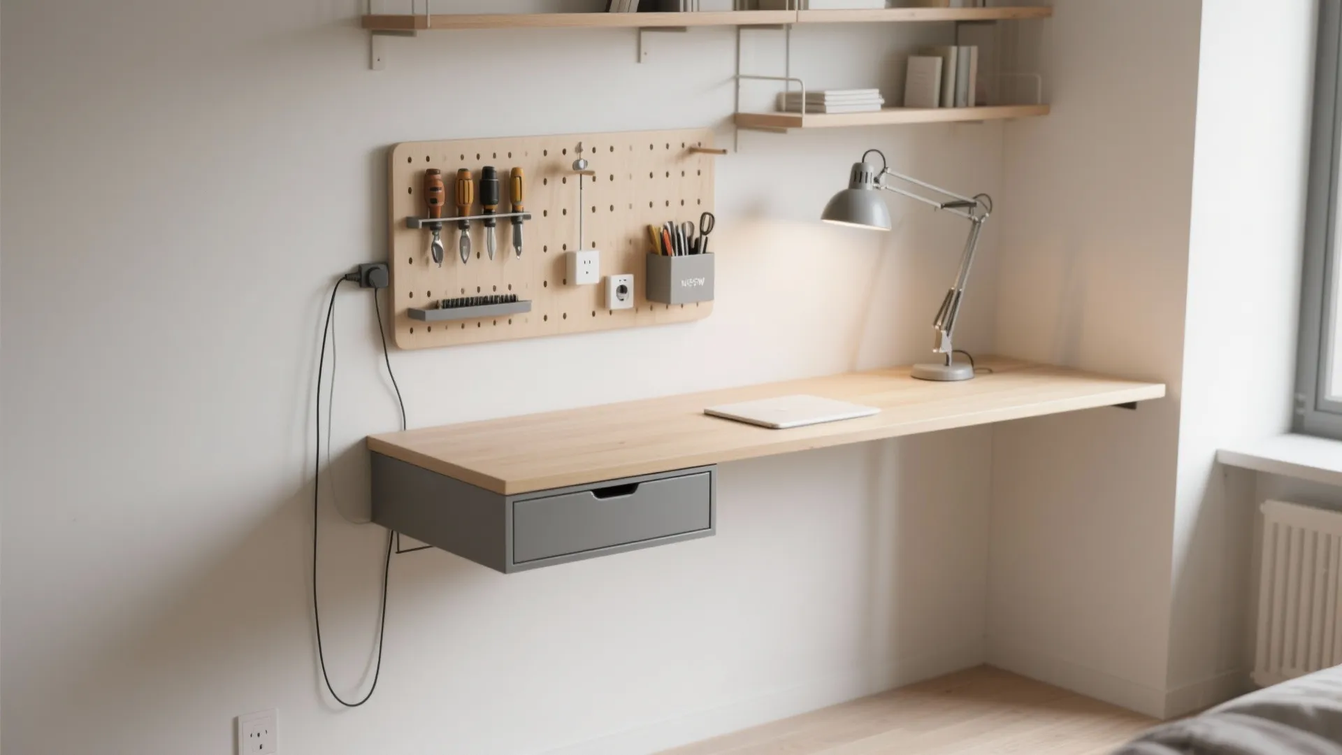 Flexible wall-mounted systems (desks, peg rails, and lighting)