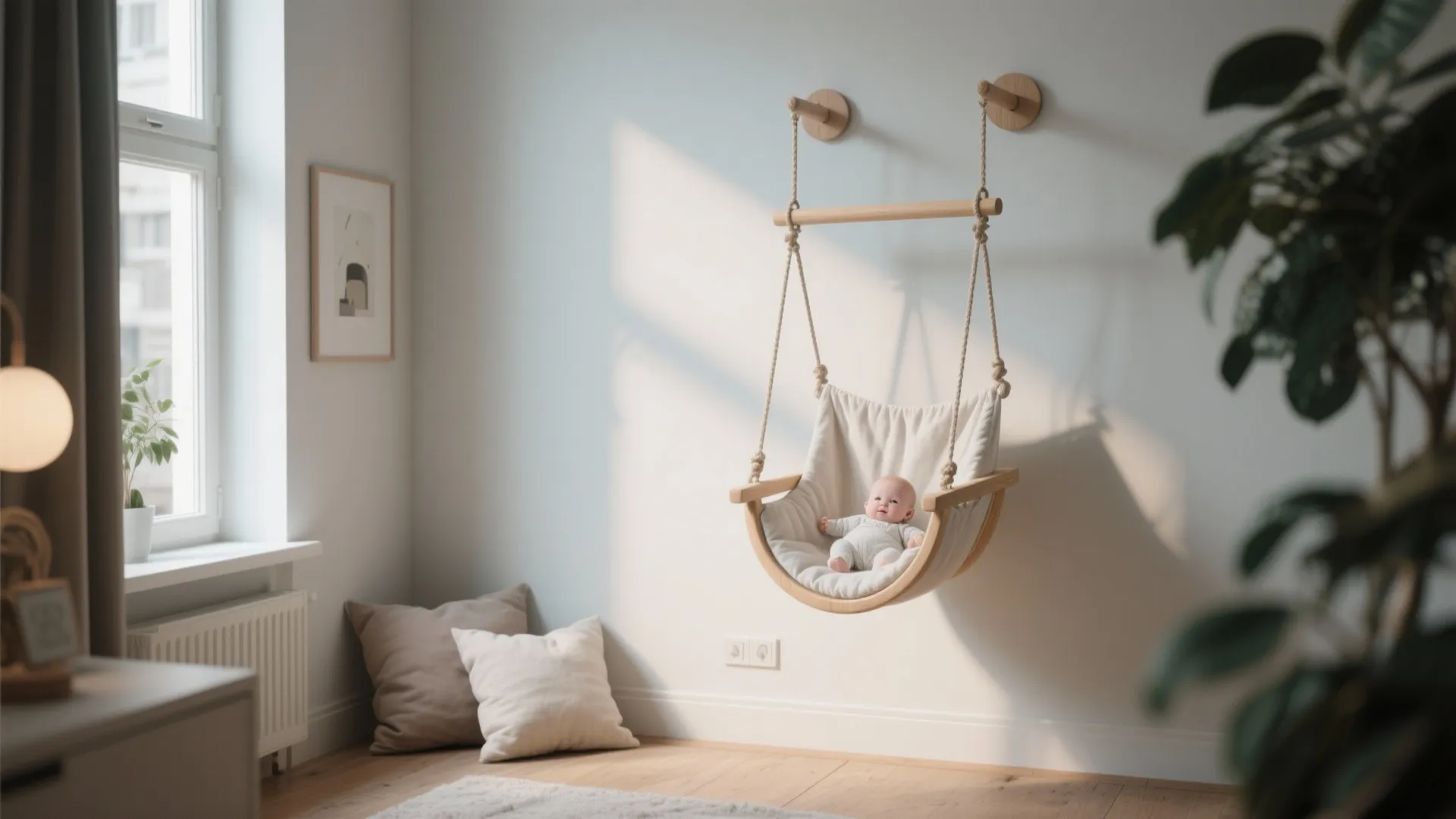 Wall-mounted baby swing in a small apartment corner