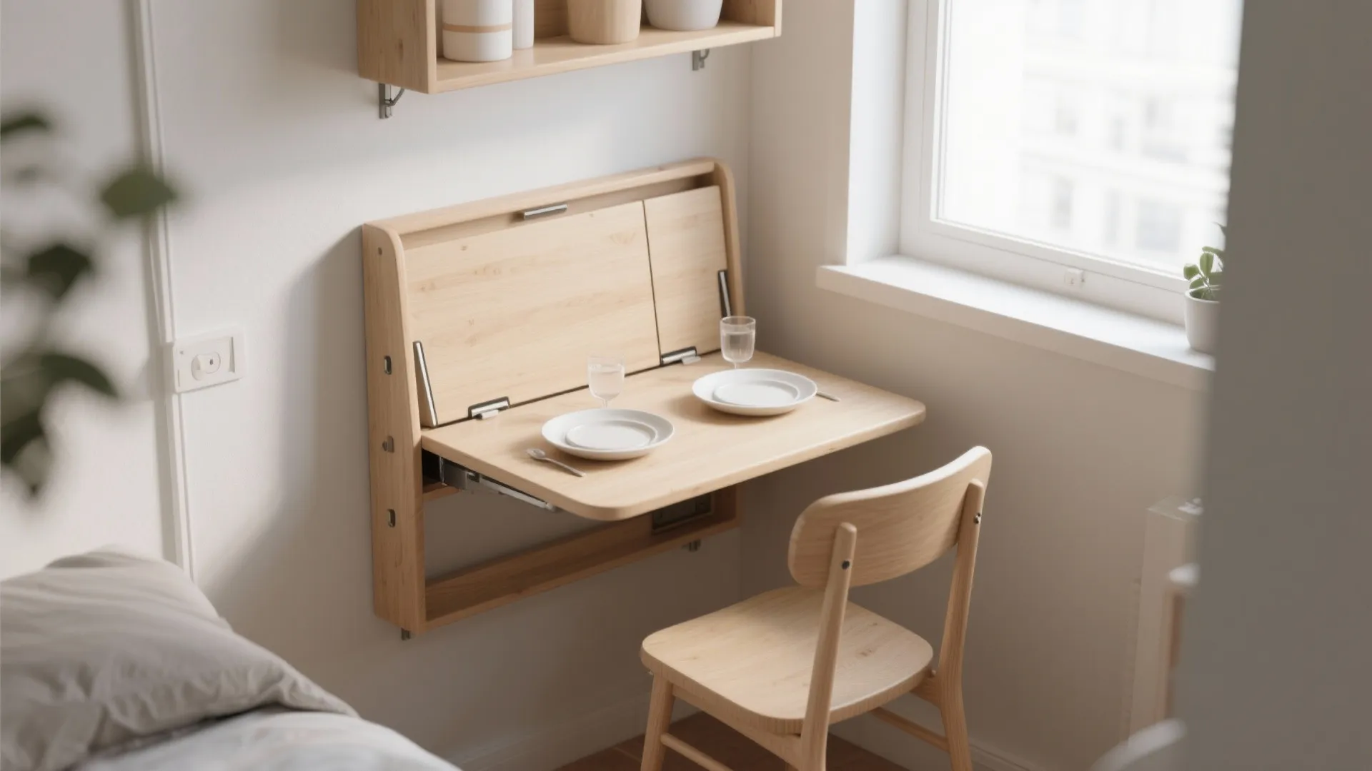 Wooden wall mounted folding table set for two people with one chair by a window