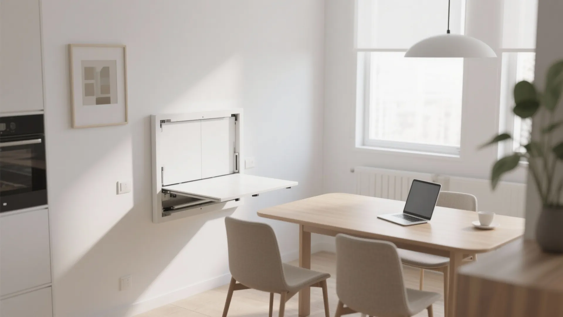 Wall-mounted drop-leaf table used as small home workspace