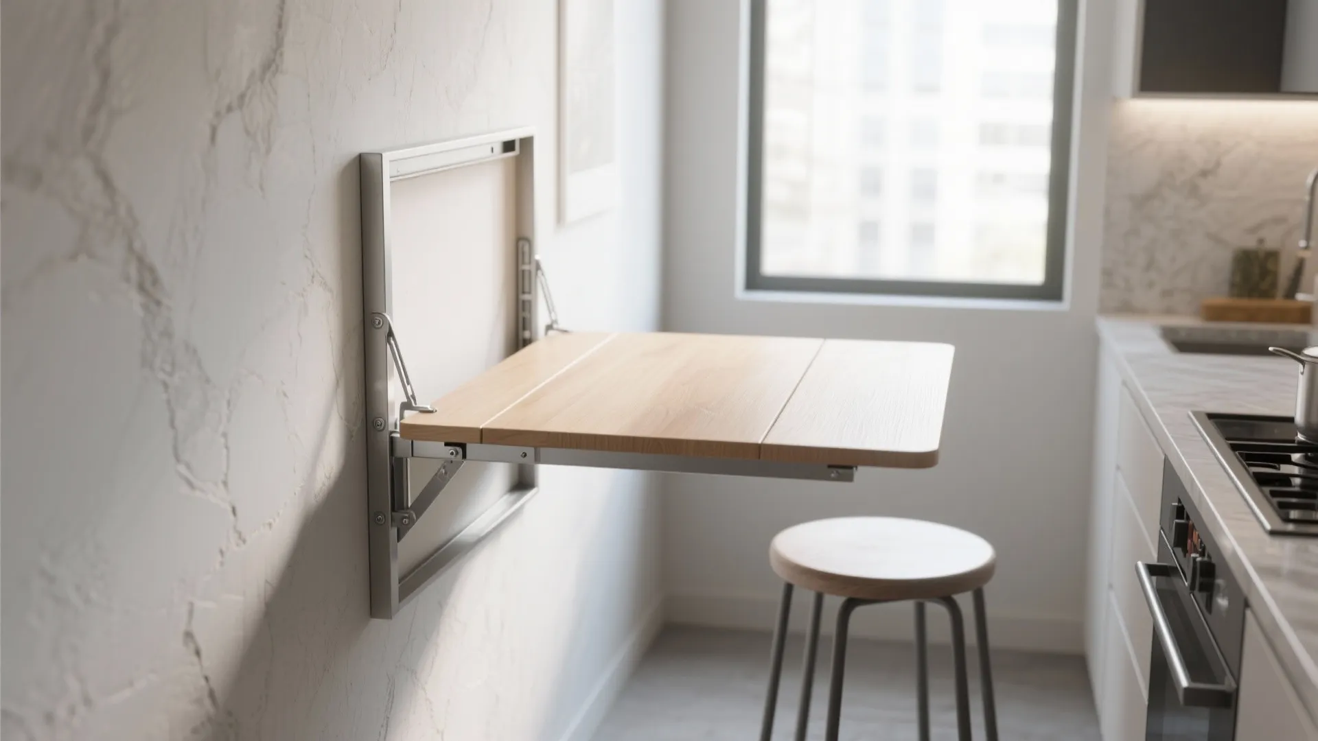 Wall-mounted fold-down drop leaf table in a small kitchen