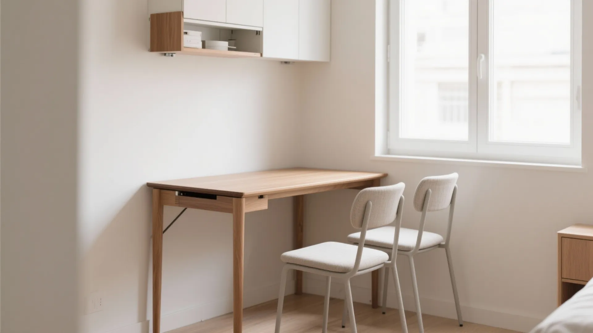 Minimalist wooden desk against a white wall with two simple chairs near a large bright window