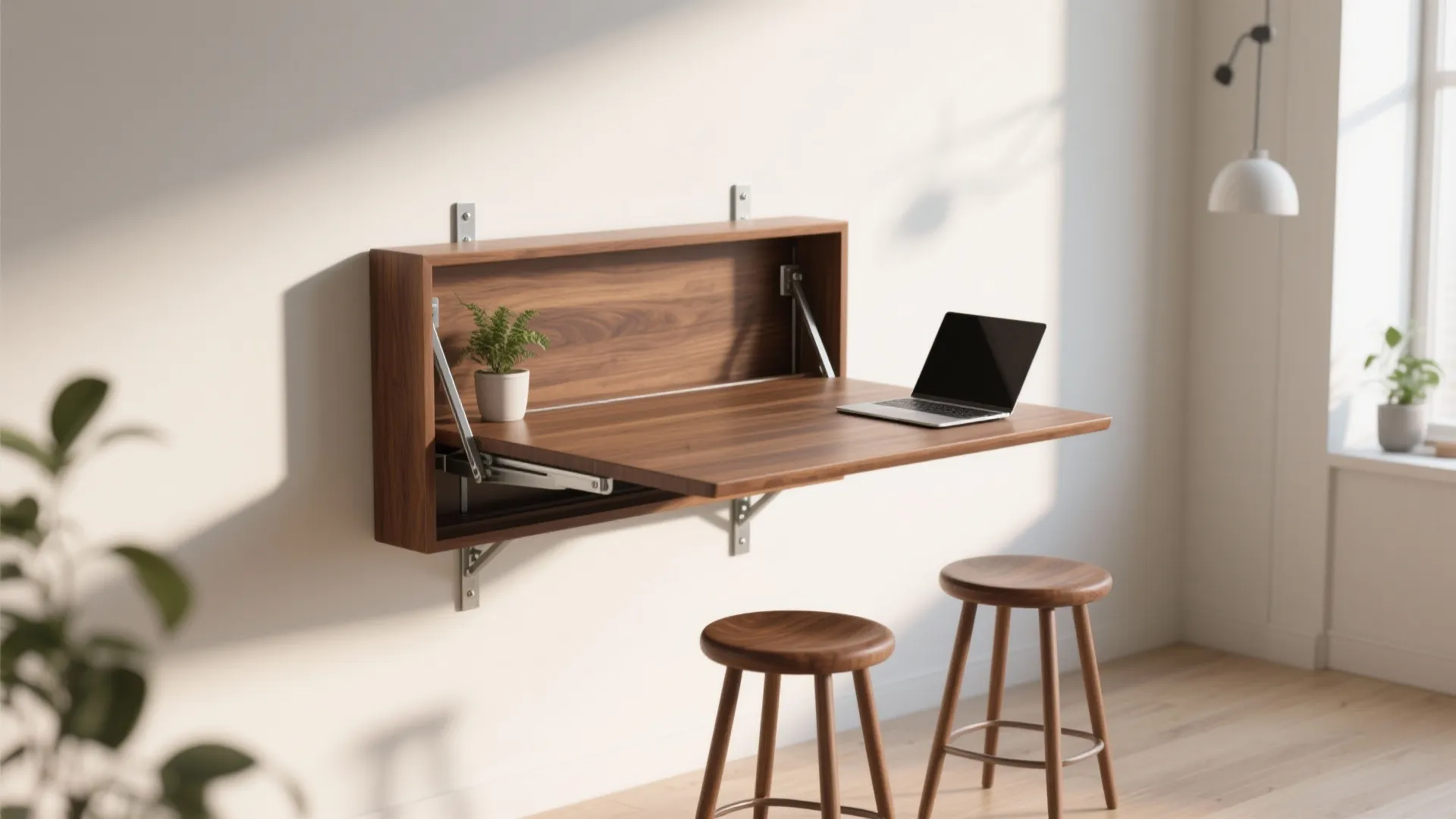 Wall mounted wooden folding desk with a laptop small plant and two wooden stools in sunlight