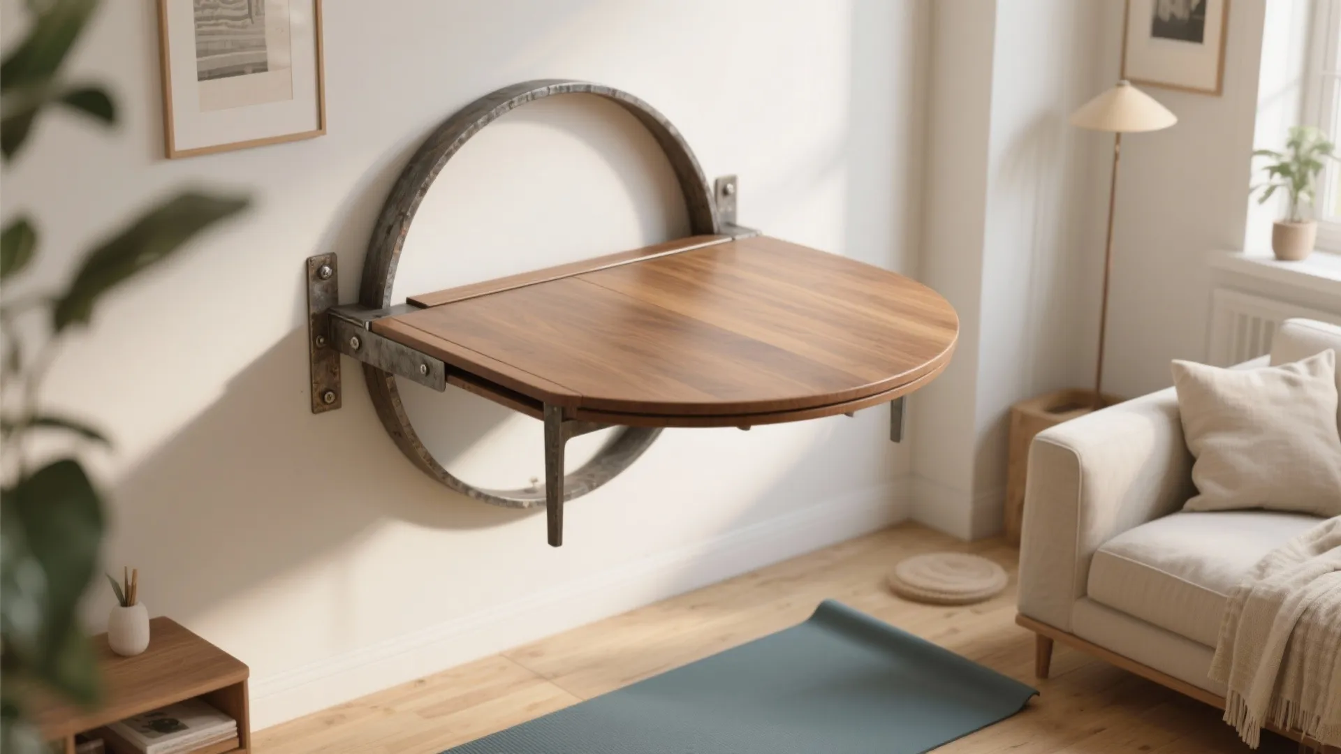 1. Wall-mounted round drop leaf for instant floor freedom