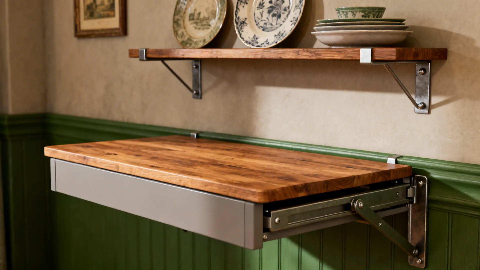 Wall-mounted foldable table with floating shelves displaying vintage plates