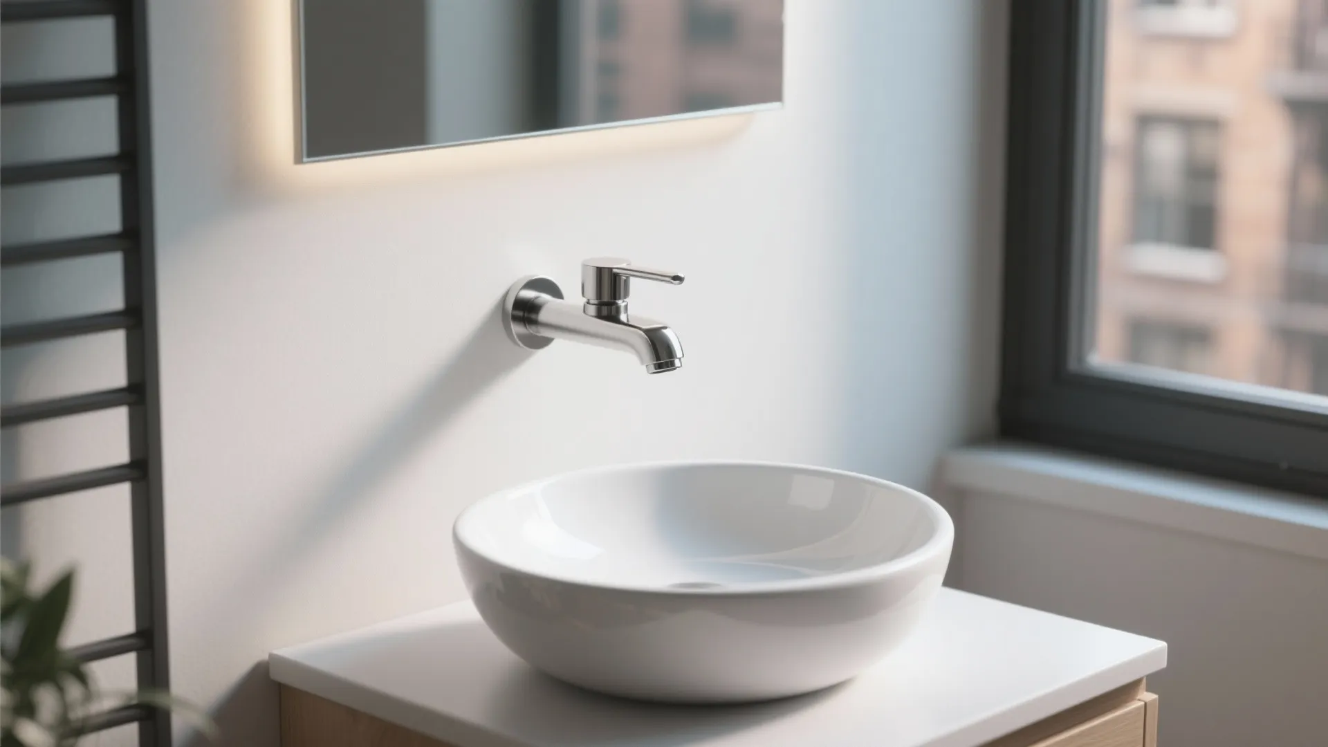 Wall mounted chrome water tap above a white round basin on a wooden bathroom vanity cabinet