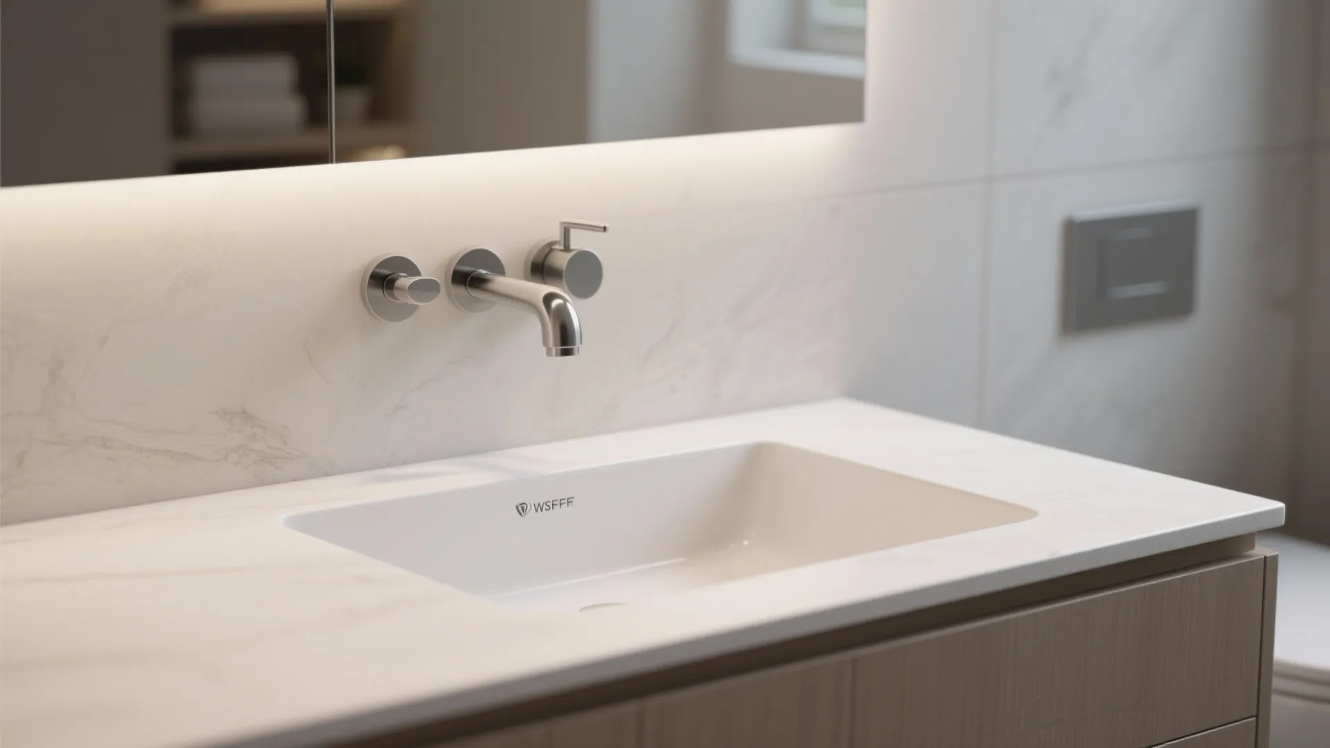 Modern bathroom sink with silver wall light fixture faucet and marble countertop in a bright room