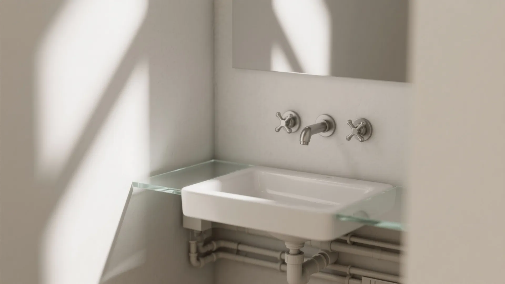 Narrow sink nook with a wall-mounted three-hole faucet and a clear countertop.