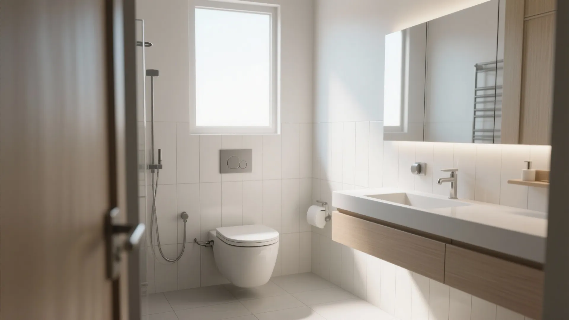 Modern white bathroom with wall mounted toilet and light wood cabinet under a large mirror