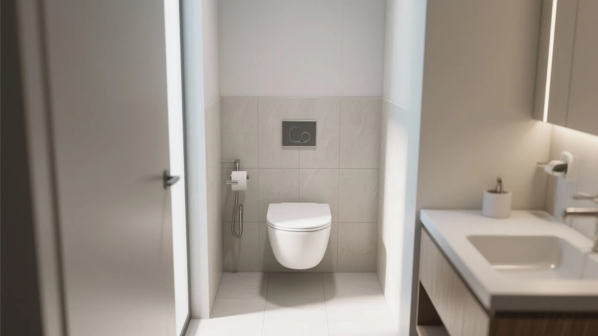 Modern bathroom interior design featuring a white wall mounted toilet with beige square wall tiles