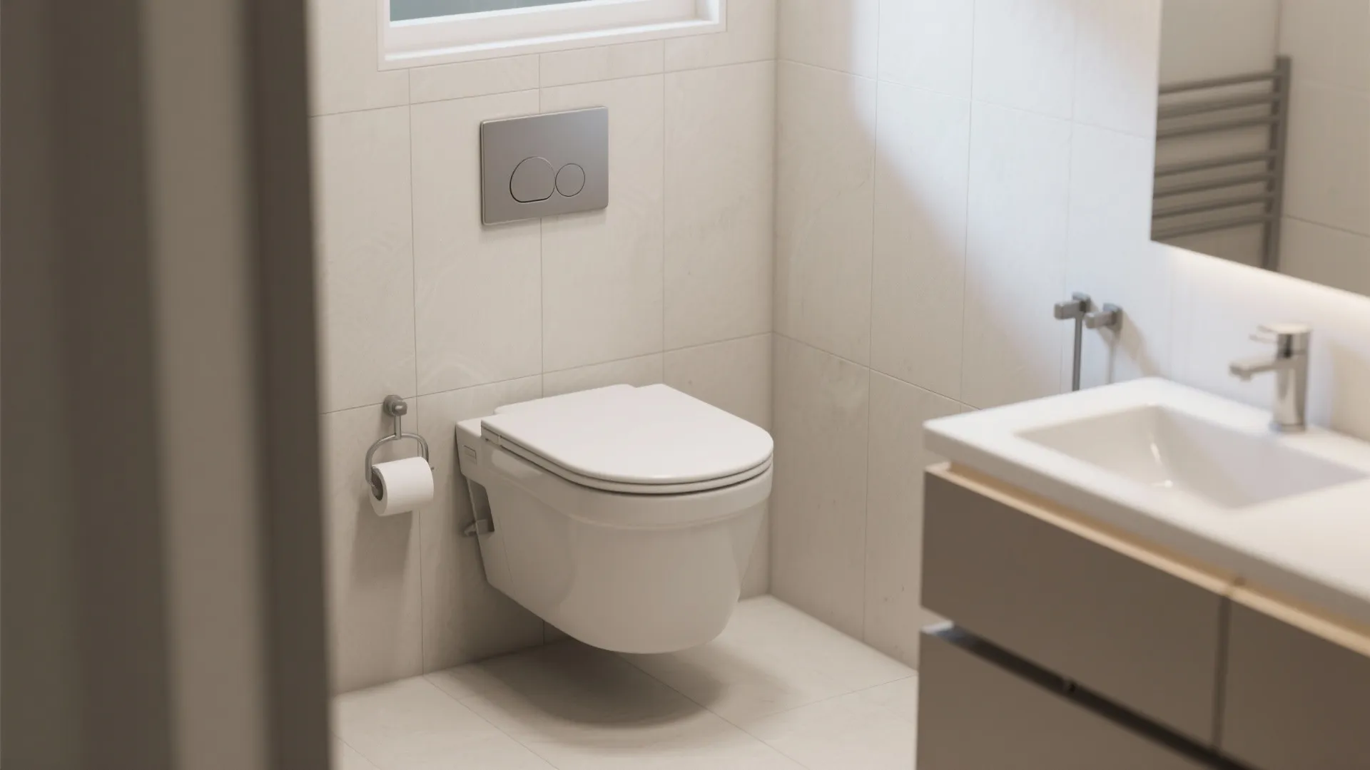 Close up of white wall mounted toilet in a bathroom with beige tiles and modern sink