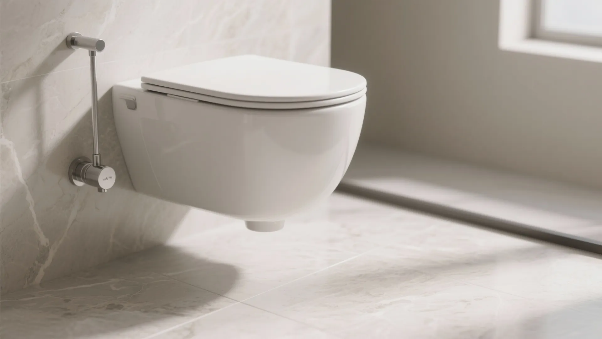 Close up of a white toilet mounted on a wall with light grey stone tiles