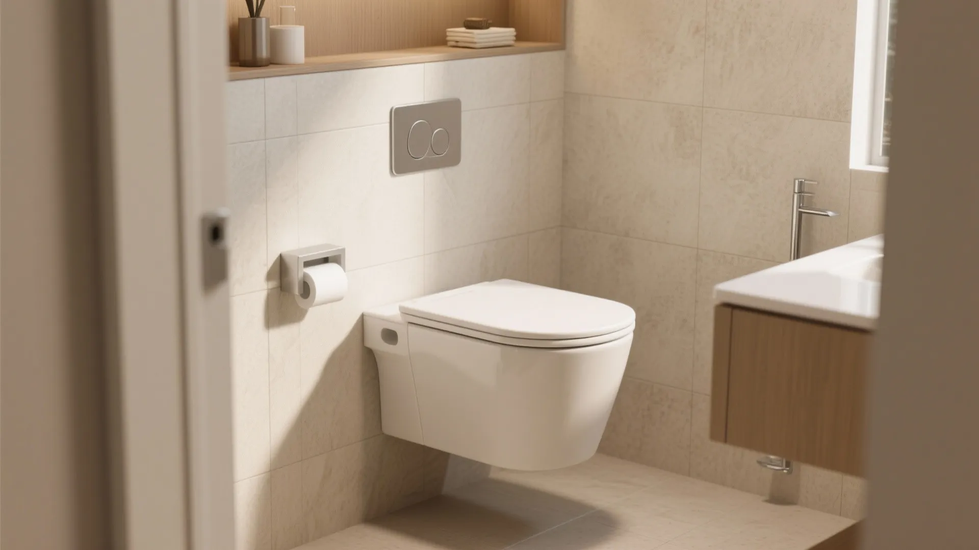 Modern bathroom interior featuring a white wall mounted toilet and beige tiles with a wooden vanity