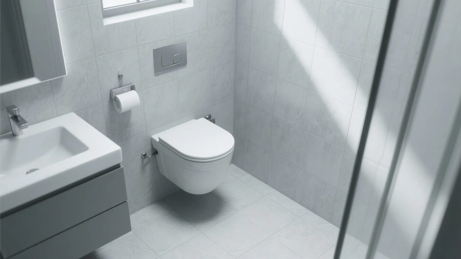 Top view of a white wall mounted toilet in a bathroom with grey tiled walls