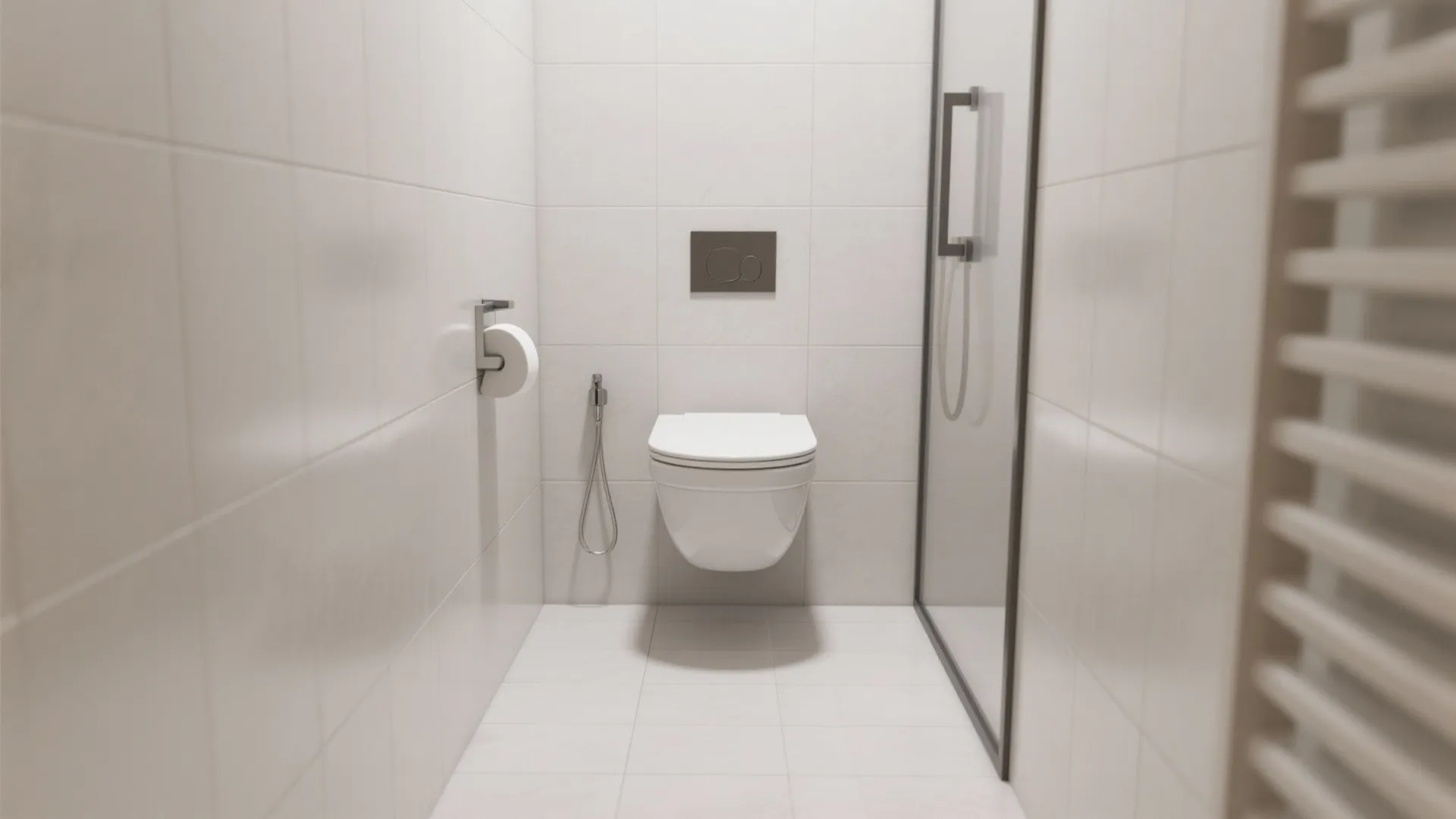 Modern white wall mounted toilet in a minimalist bathroom with tiled walls and glass shower