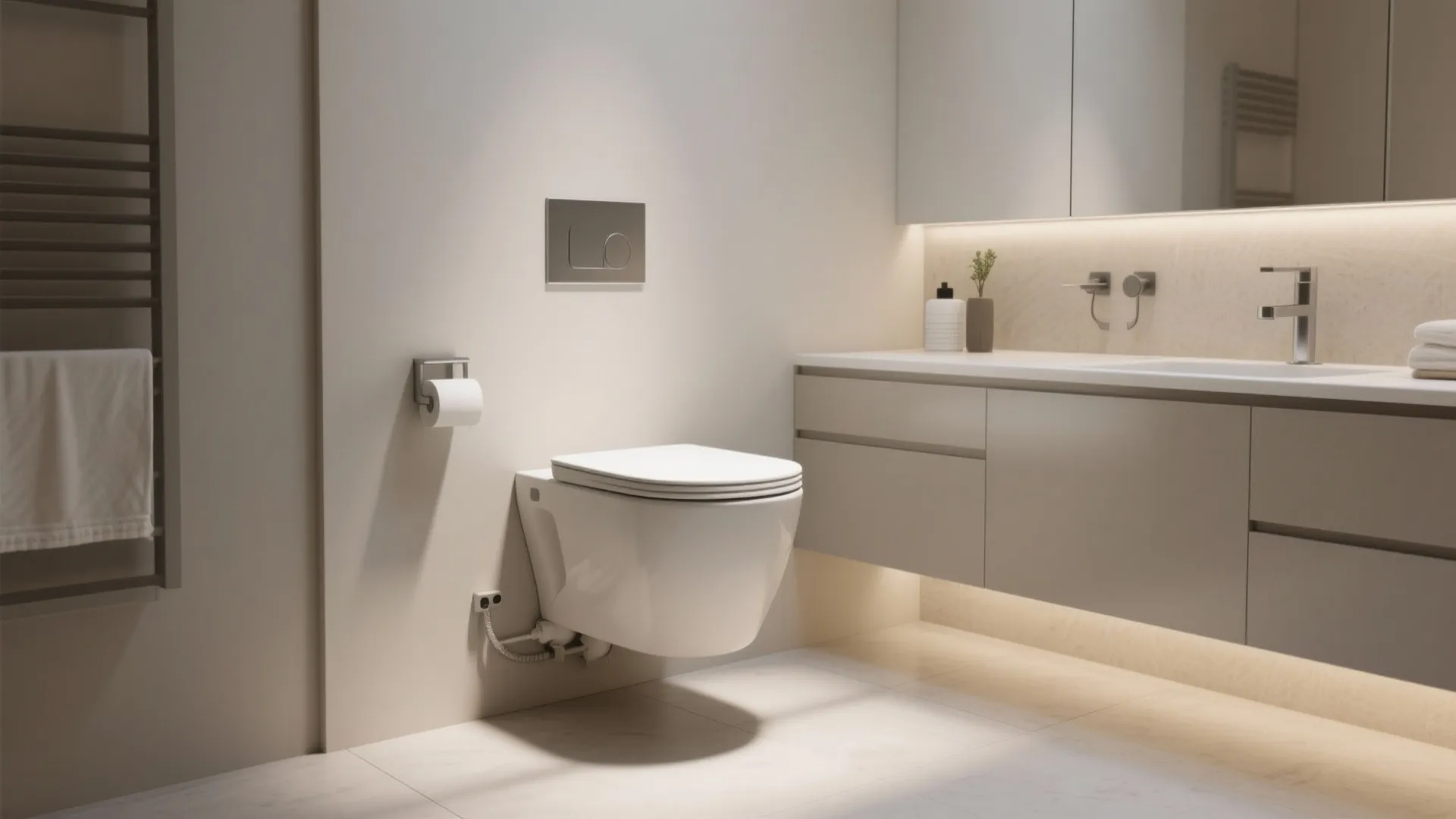 Modern bathroom with wall mounted toilet and floating cabinet under sink with warm hidden lighting