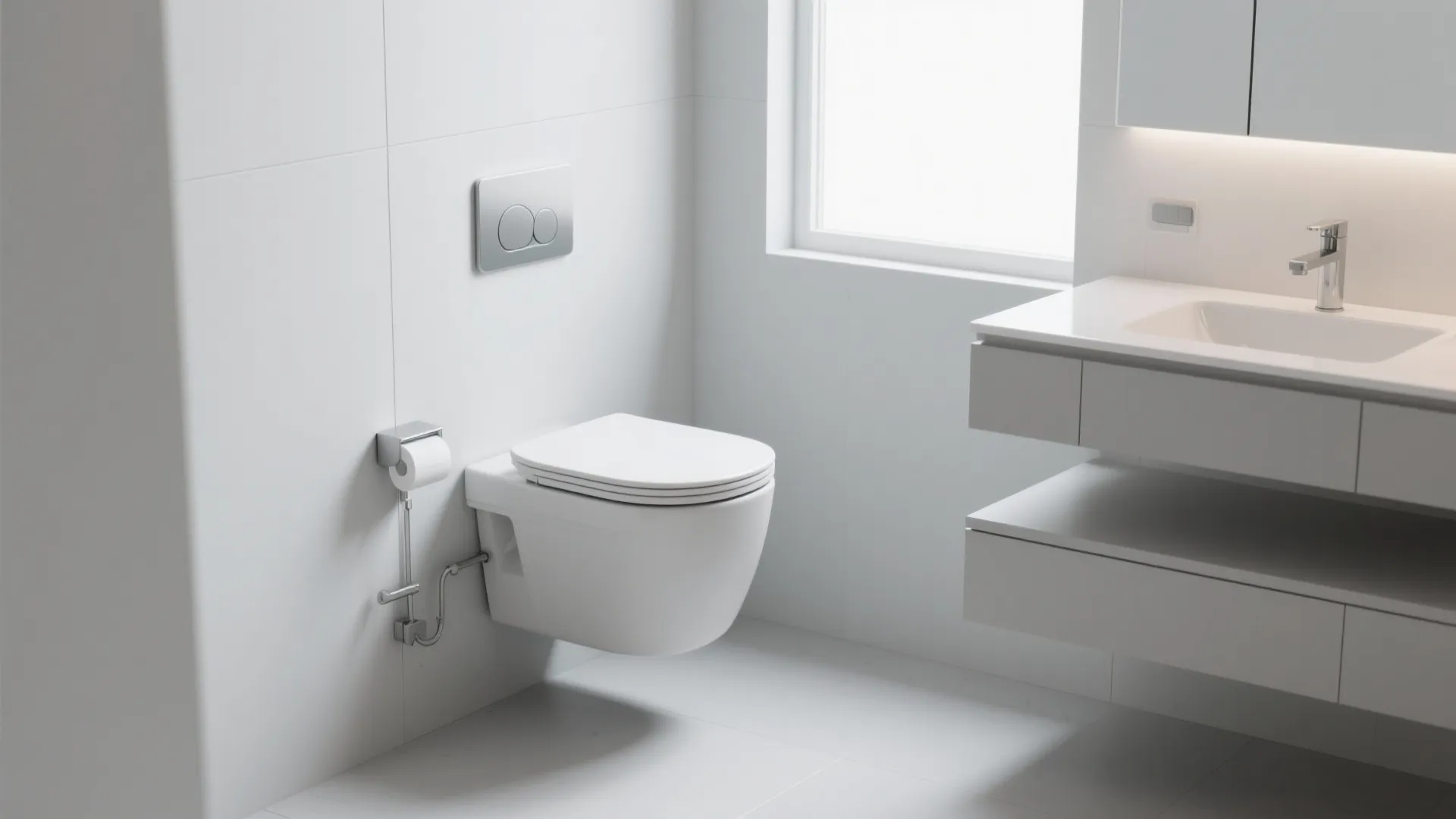 Modern white bathroom with wall mounted toilet and white sink vanity under a bright window