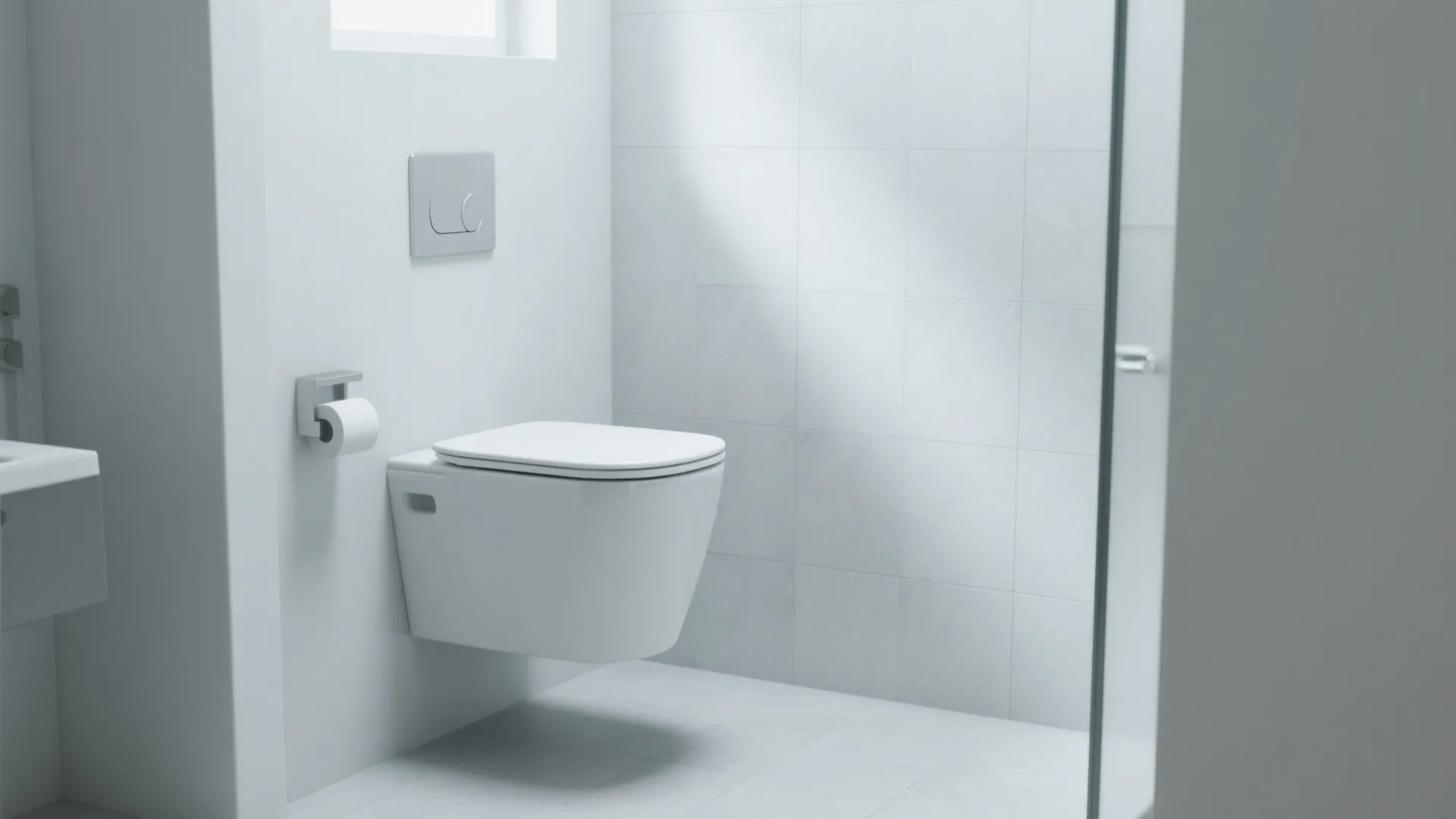 Minimalist white bathroom featuring a modern wall hung toilet and bright clean square tile walls
