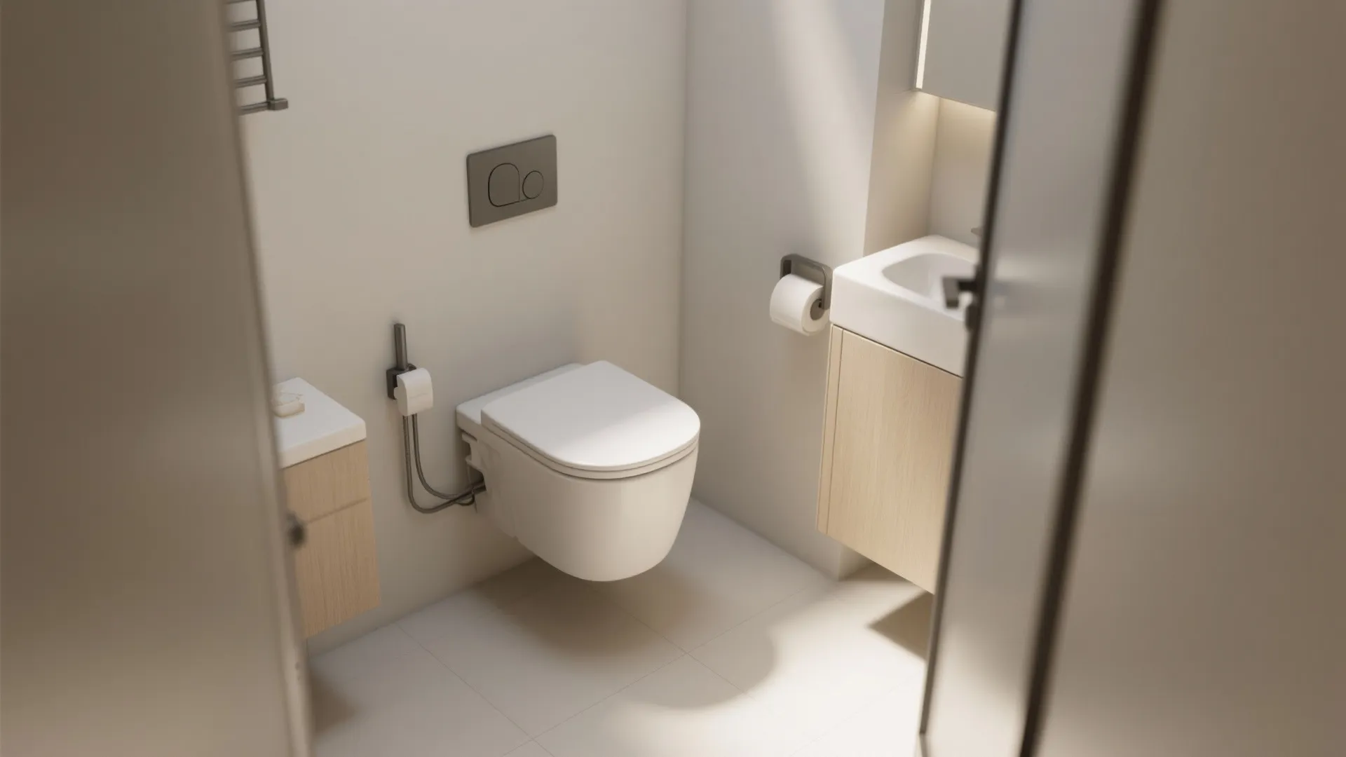 Modern white wall mounted toilet in a small bathroom with wooden cabinet and white sink
