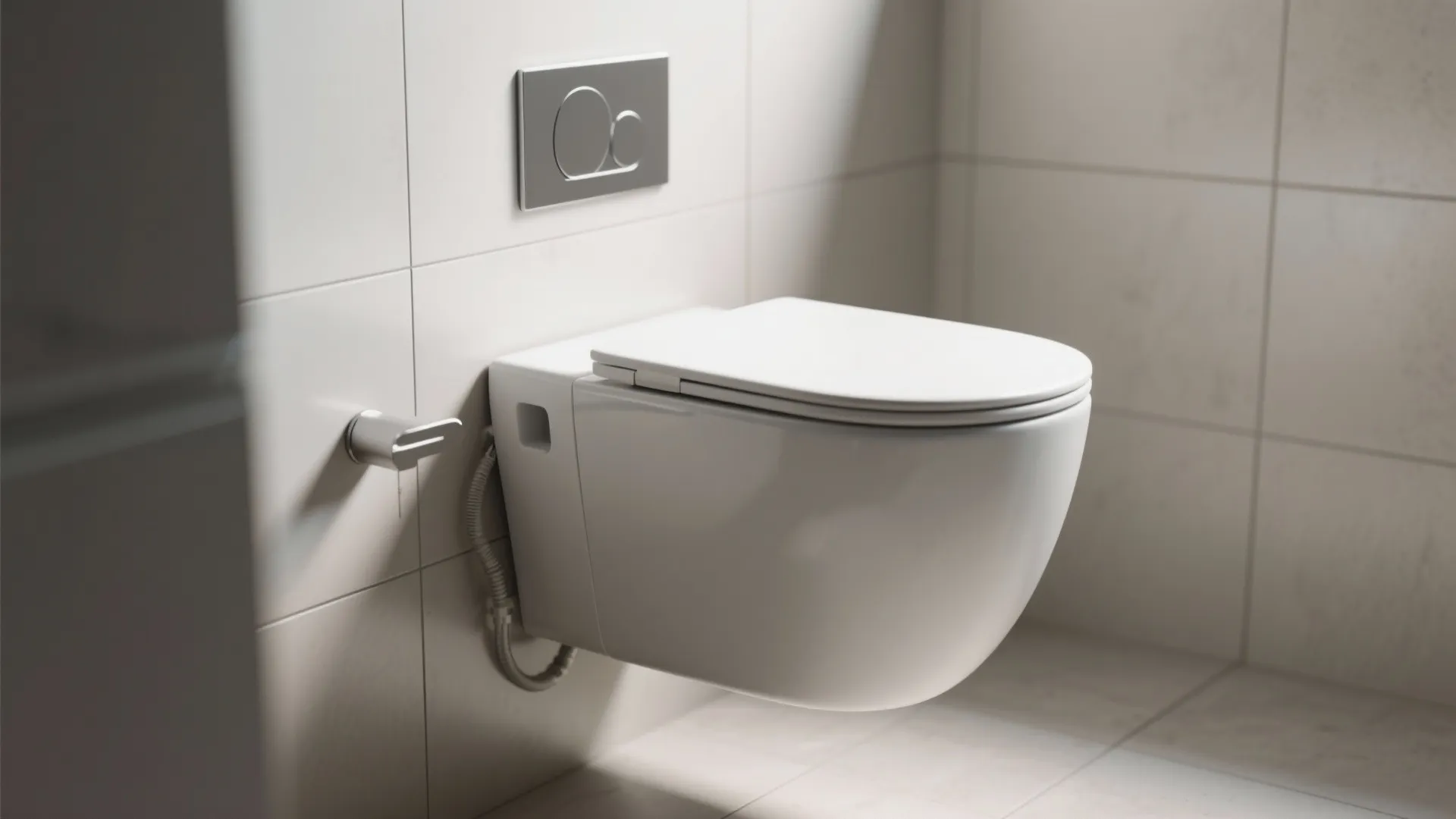 Close up of white wall mounted toilet with silver flush plate on light colored wall