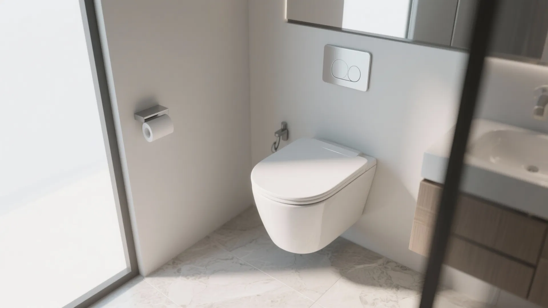 White wall mounted toilet with silver flush button toilet paper holder and marble floor tiles