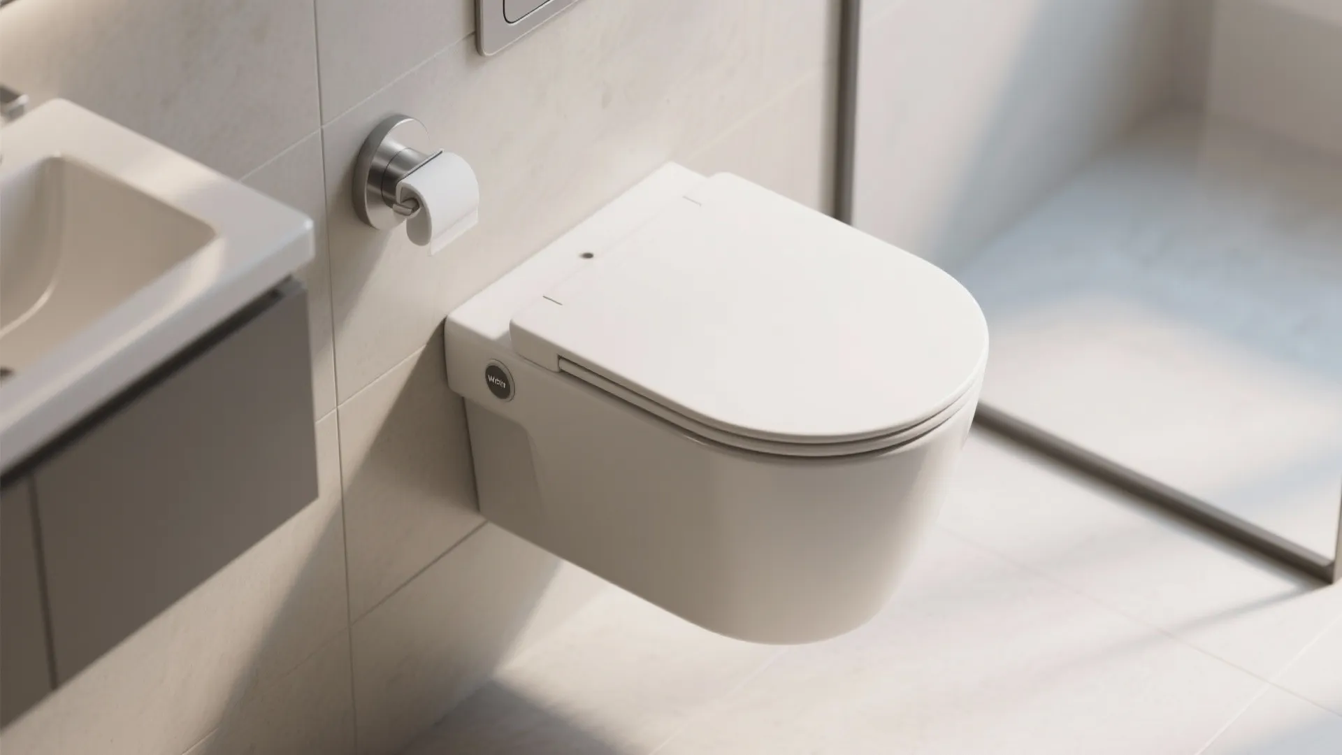 Wall-mounted toilet saving space in a small bathroom