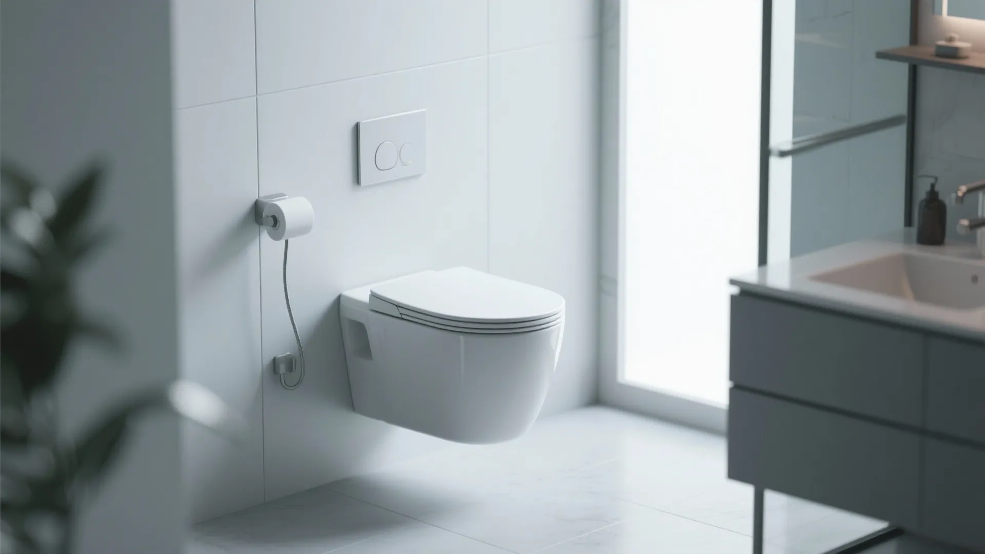 Modern white wall mounted toilet in a bright bathroom with white tile walls and floor