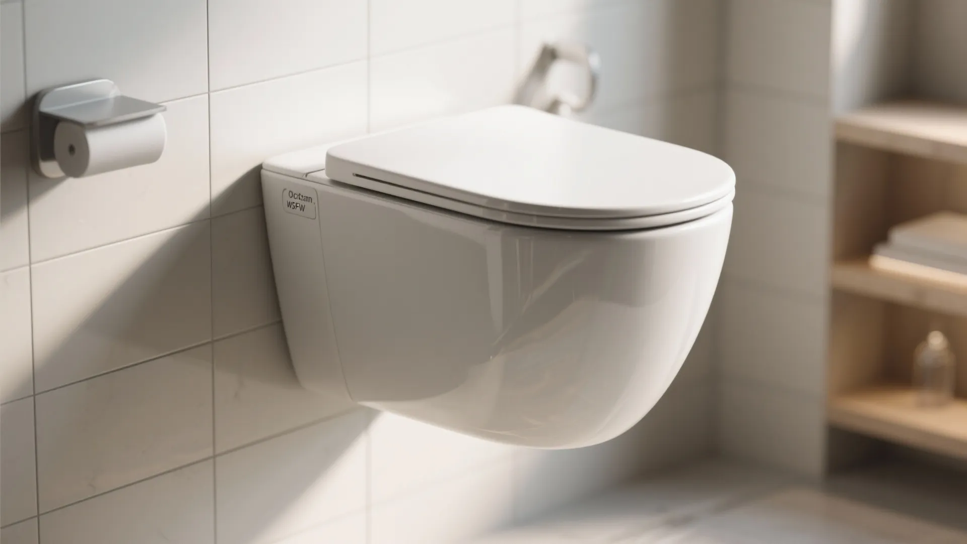 White wall mounted toilet on tiled wall with toilet paper roll in a bright modern bathroom