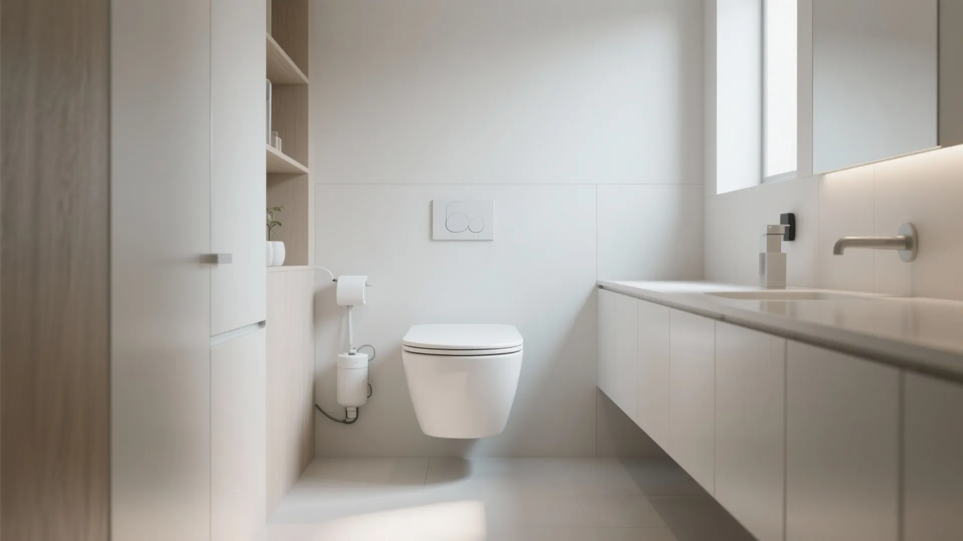 Minimalist bathroom interior showing wall mounted toilet, sleek white long cabinet, and simple wash basin