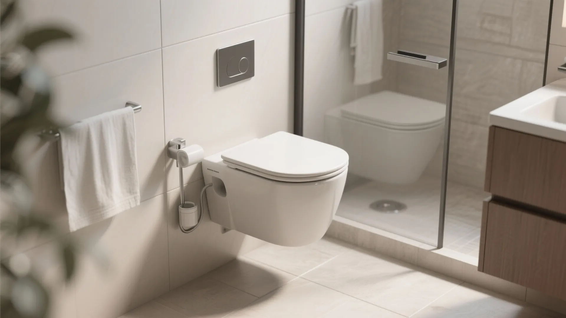 White wall mounted toilet with silver flush button next to glass shower door in beige bathroom