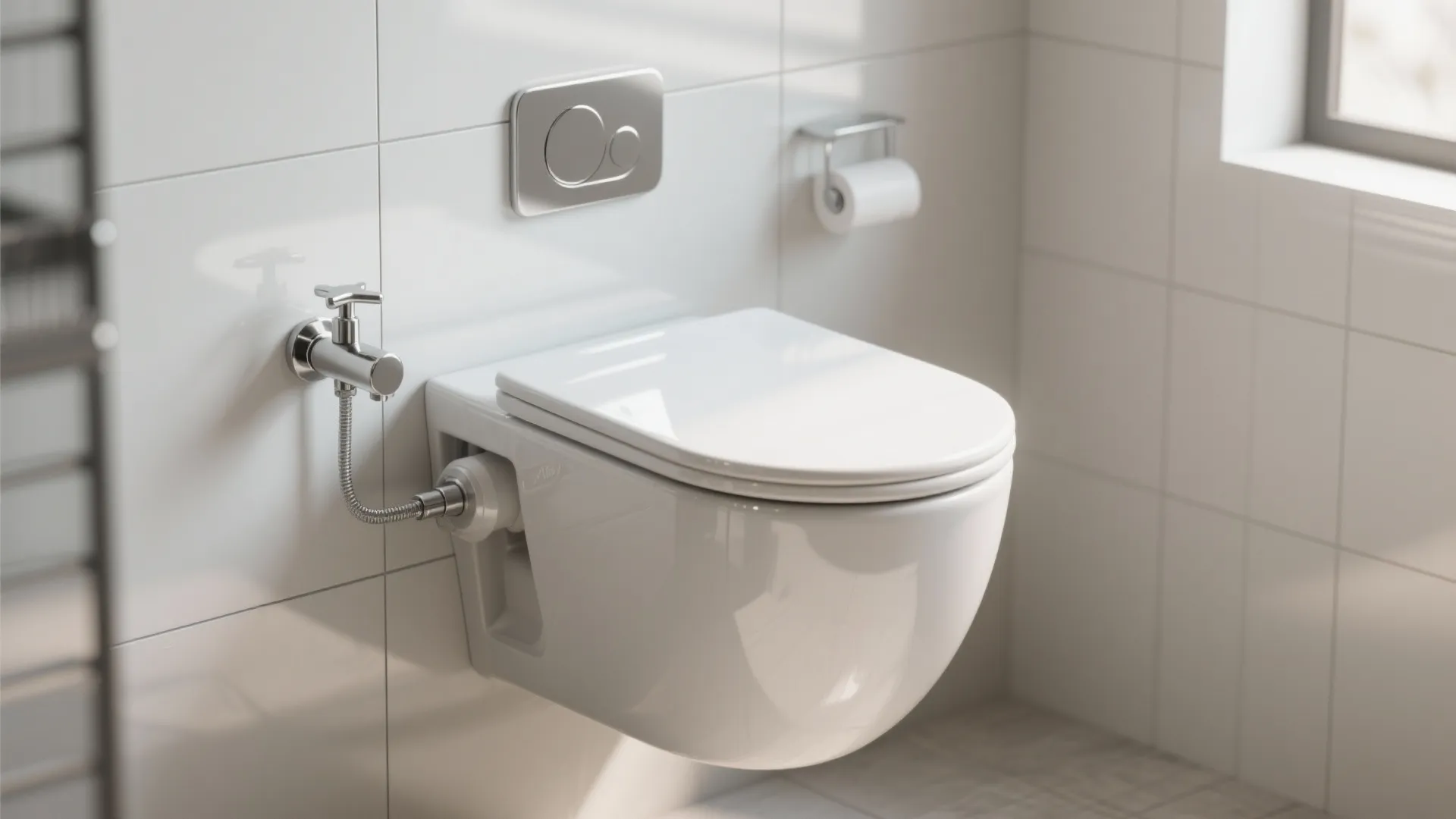 Modern white toilet fixed to wall in bright bathroom with silver buttons and toilet paper