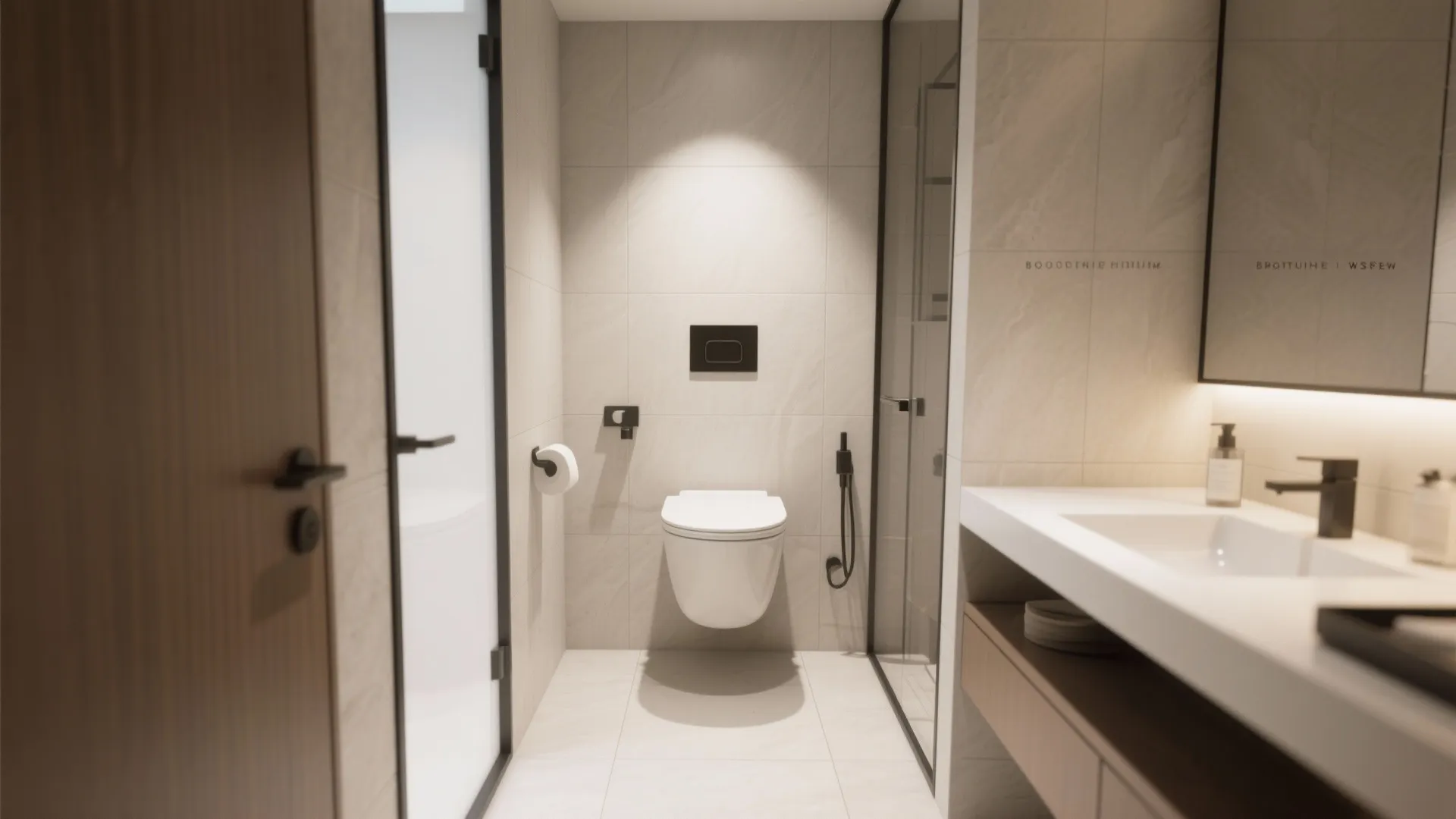 Clean bathroom with white wall mounted toilet wood cabinet sink and bright warm ceiling light