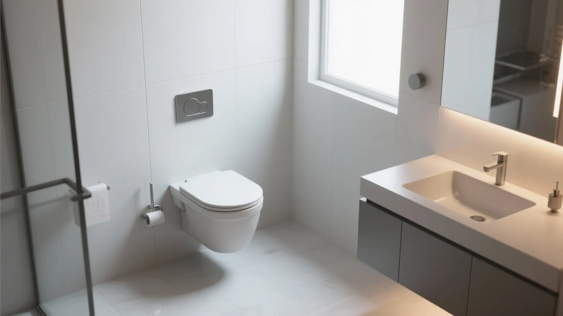Minimalist bathroom design with white wall mounted toilet grey sink cabinet and bright window light view