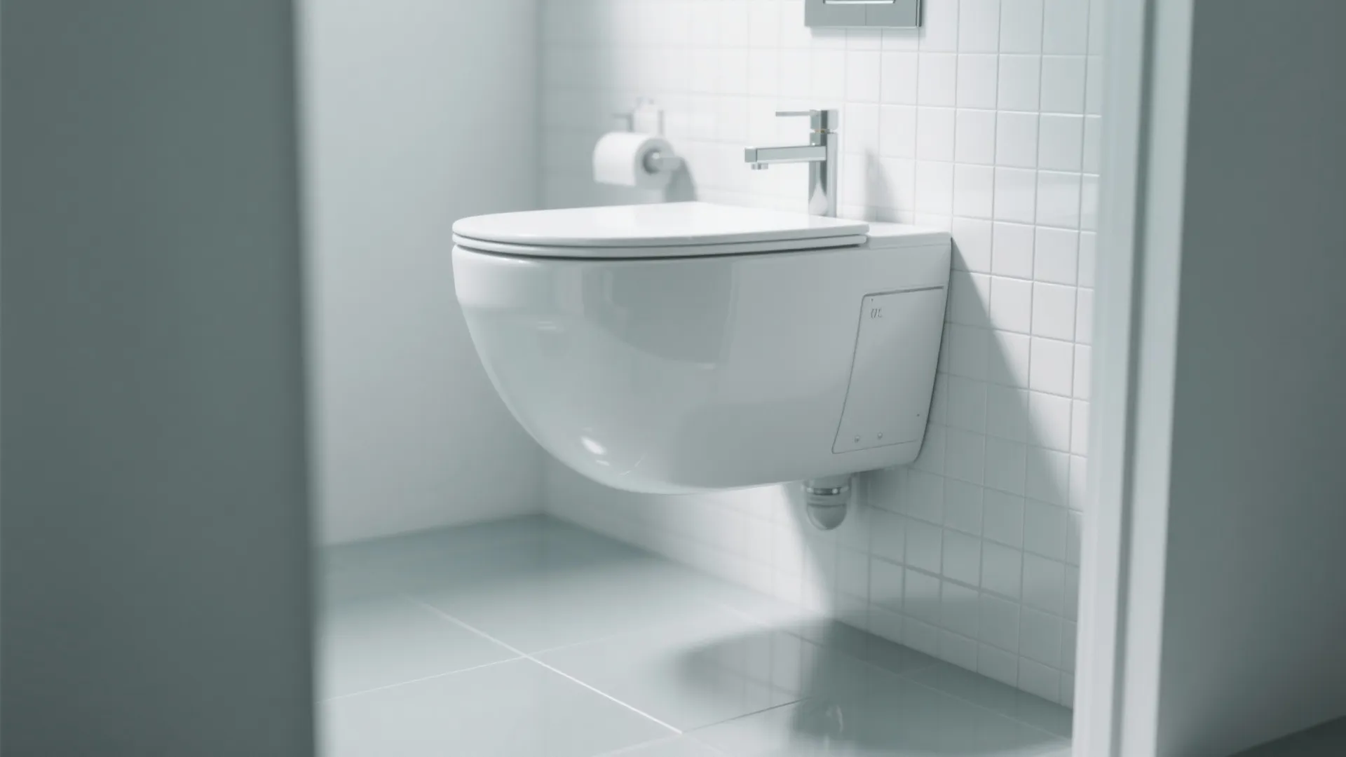 Modern white toilet fixed to a tiled wall in a clean minimalist bathroom interior design