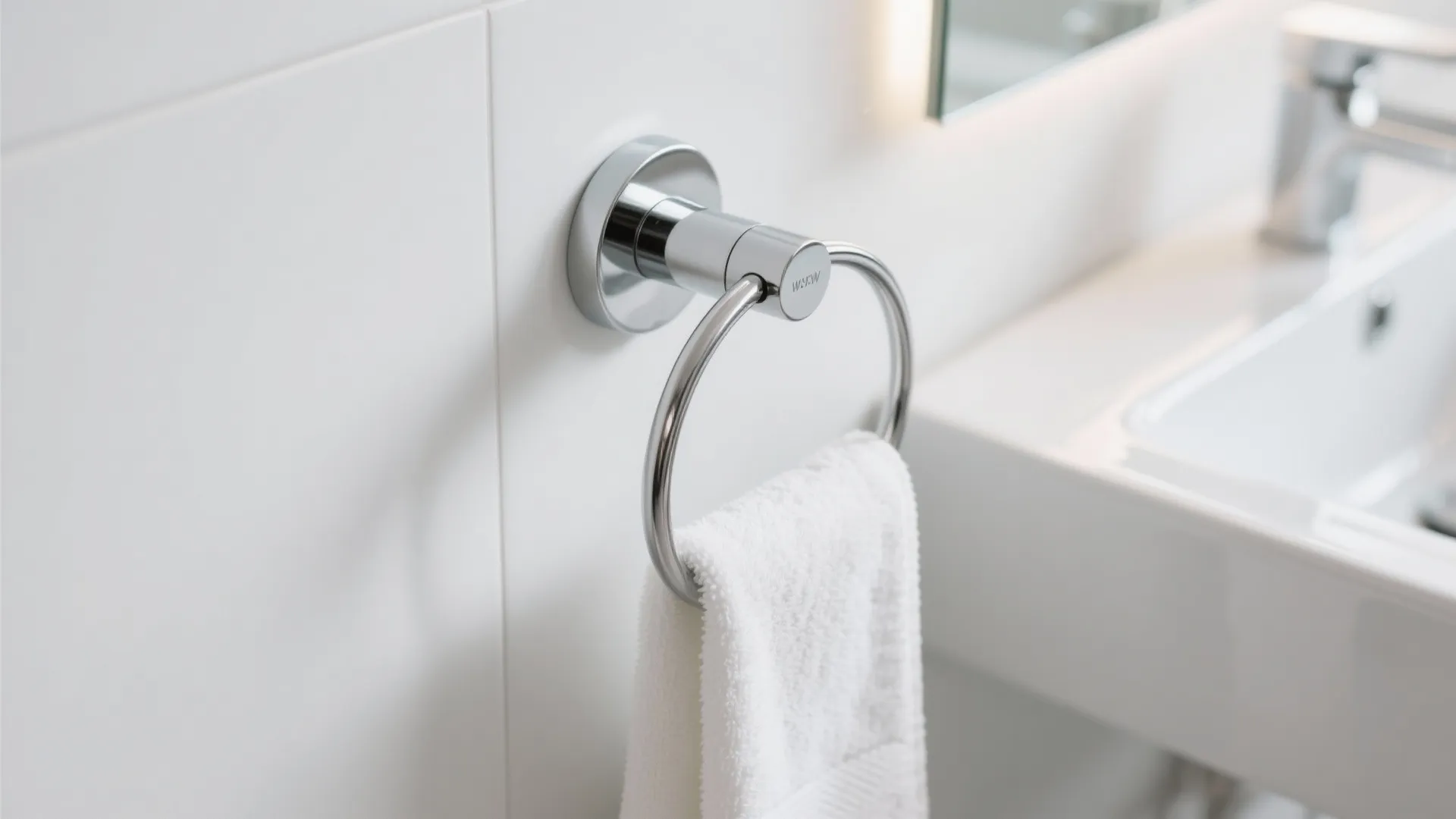Close up of circular silver towel ring on white wall holding a white hand towel