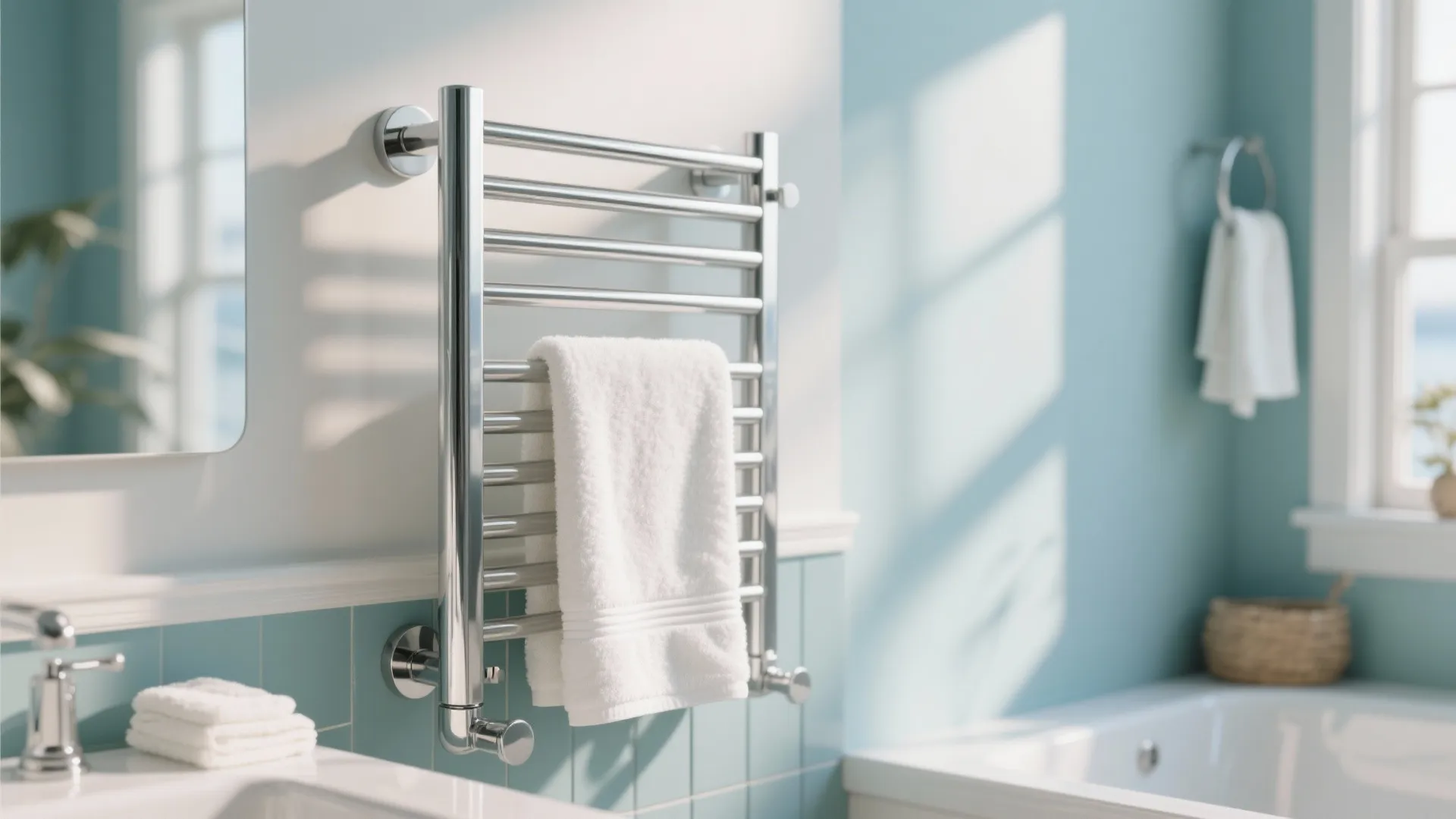 Modern blue tiled bathroom featuring a silver metal wall light fixture for drying a white towel