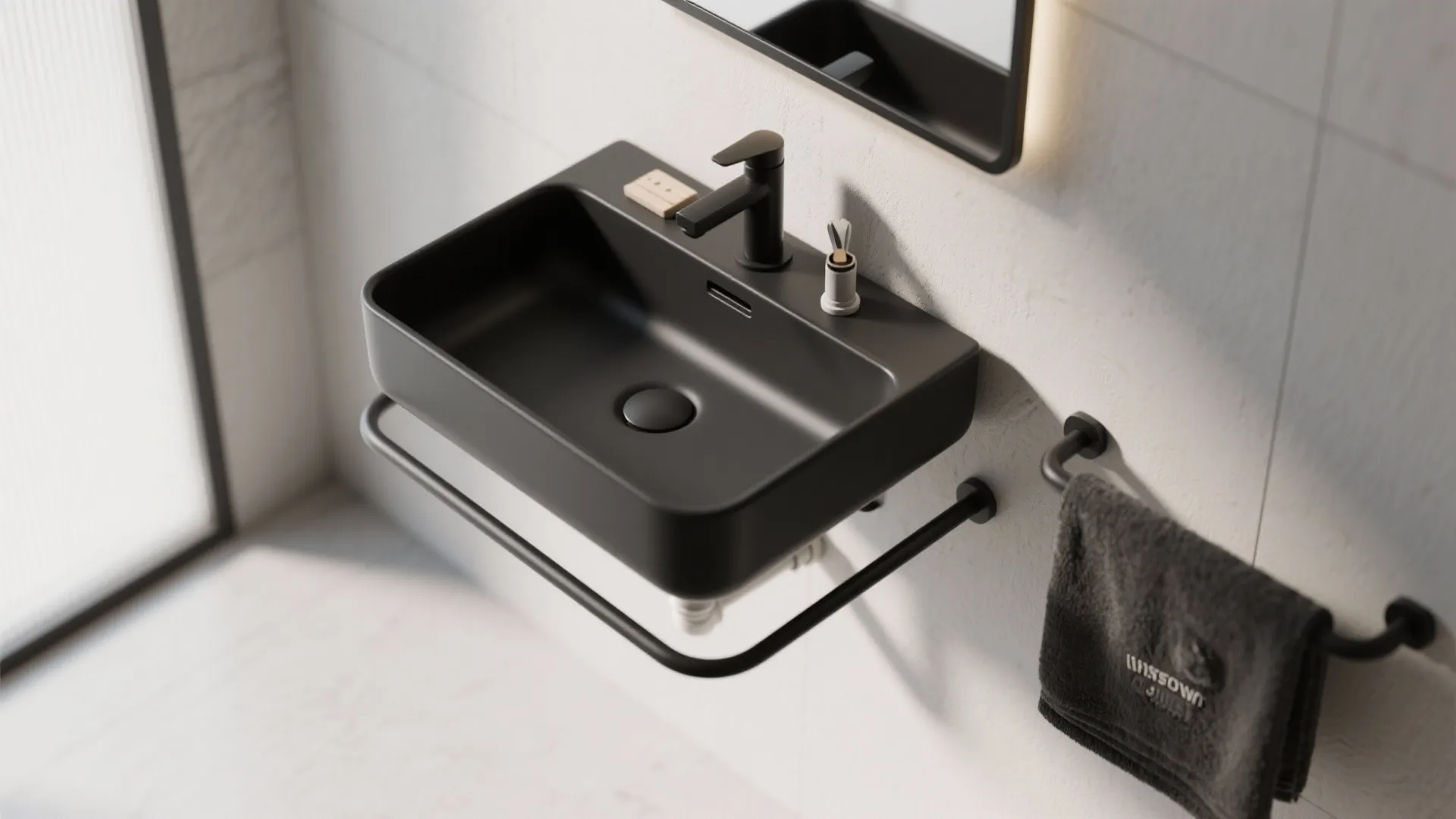 5. Black wall-mounted basin with integrated towel rail