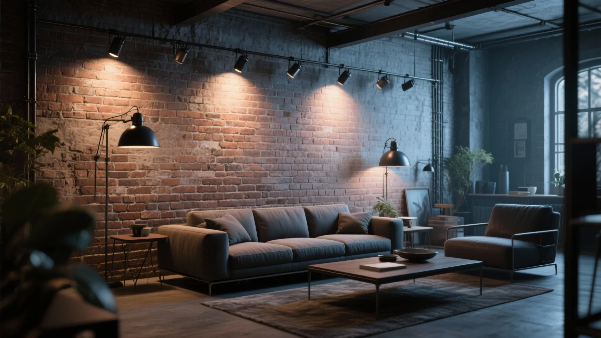 Wall-mounted track lighting illuminating an exposed brick wall