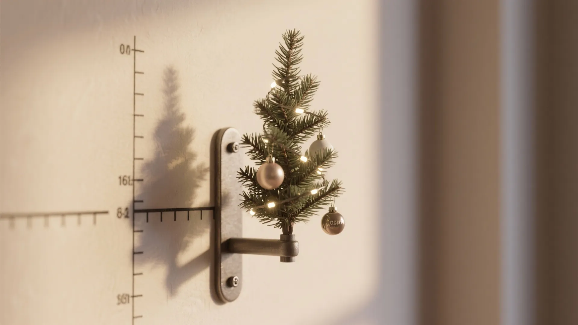 Small wall mounted Christmas tree with lights and gold ornaments on a simple white wall